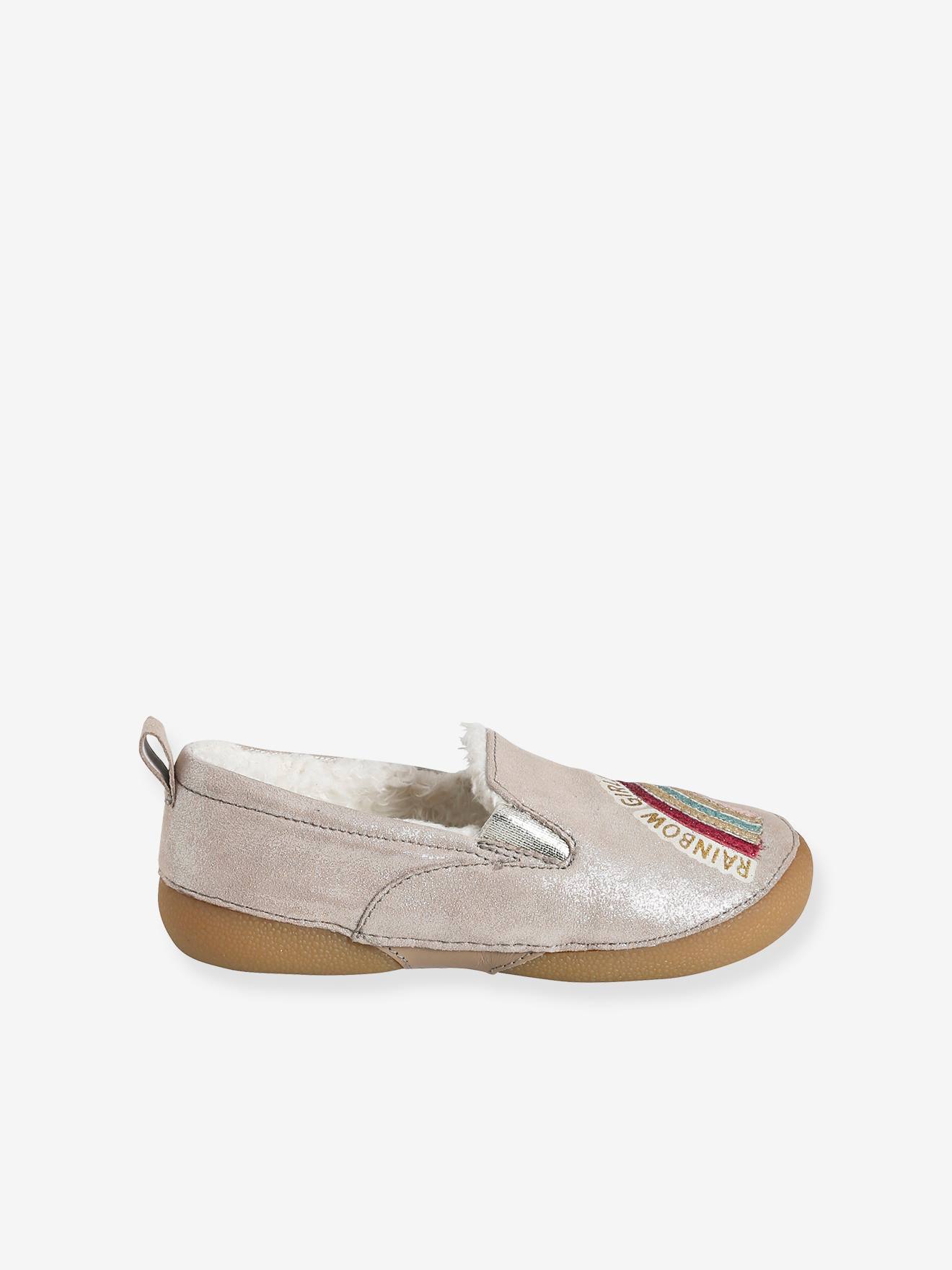 Chaussons fourrés élastiqués fille en cuir beige pailleté