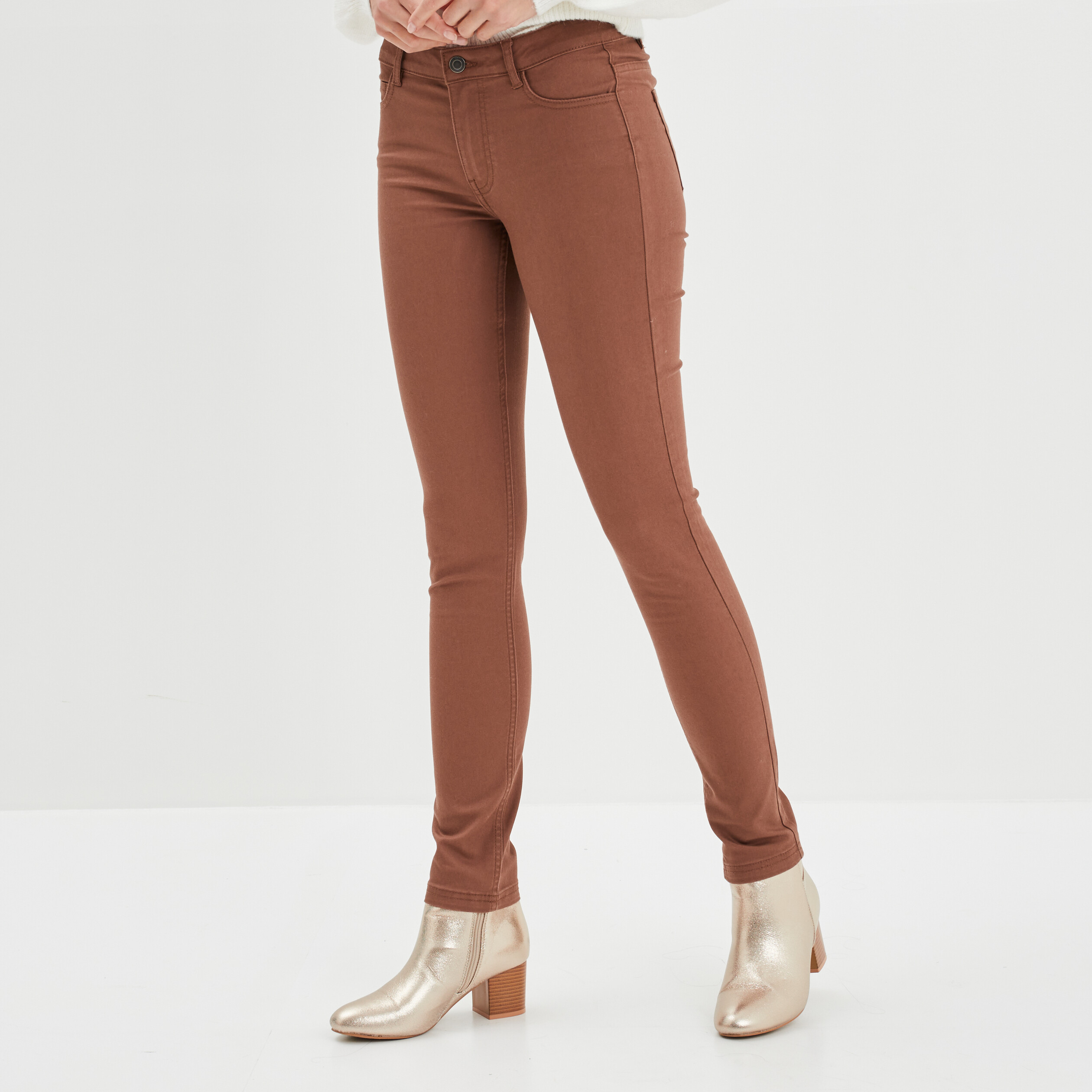 Pantalon slim taille normale marron femme | La Halle