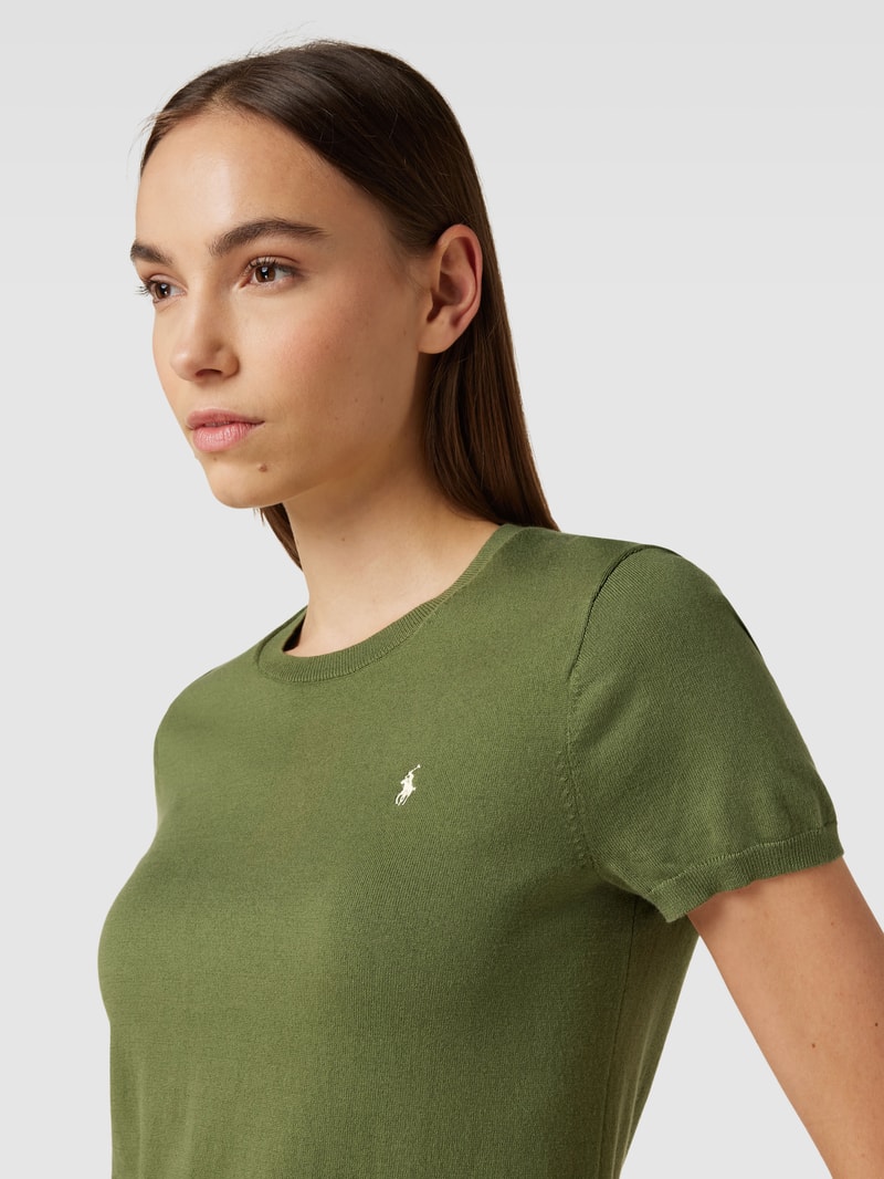 Strickshirt mit Logo-Stitching und Rundhalsausschnitt in olivgrün