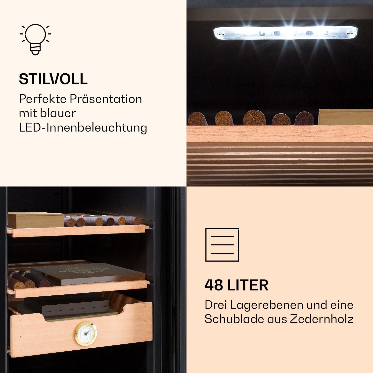 Klarstein Humidor HEA-Presidente50-SS, Humidor Zigarre Humidor Befeuchter elektrisch Humidor Schrank