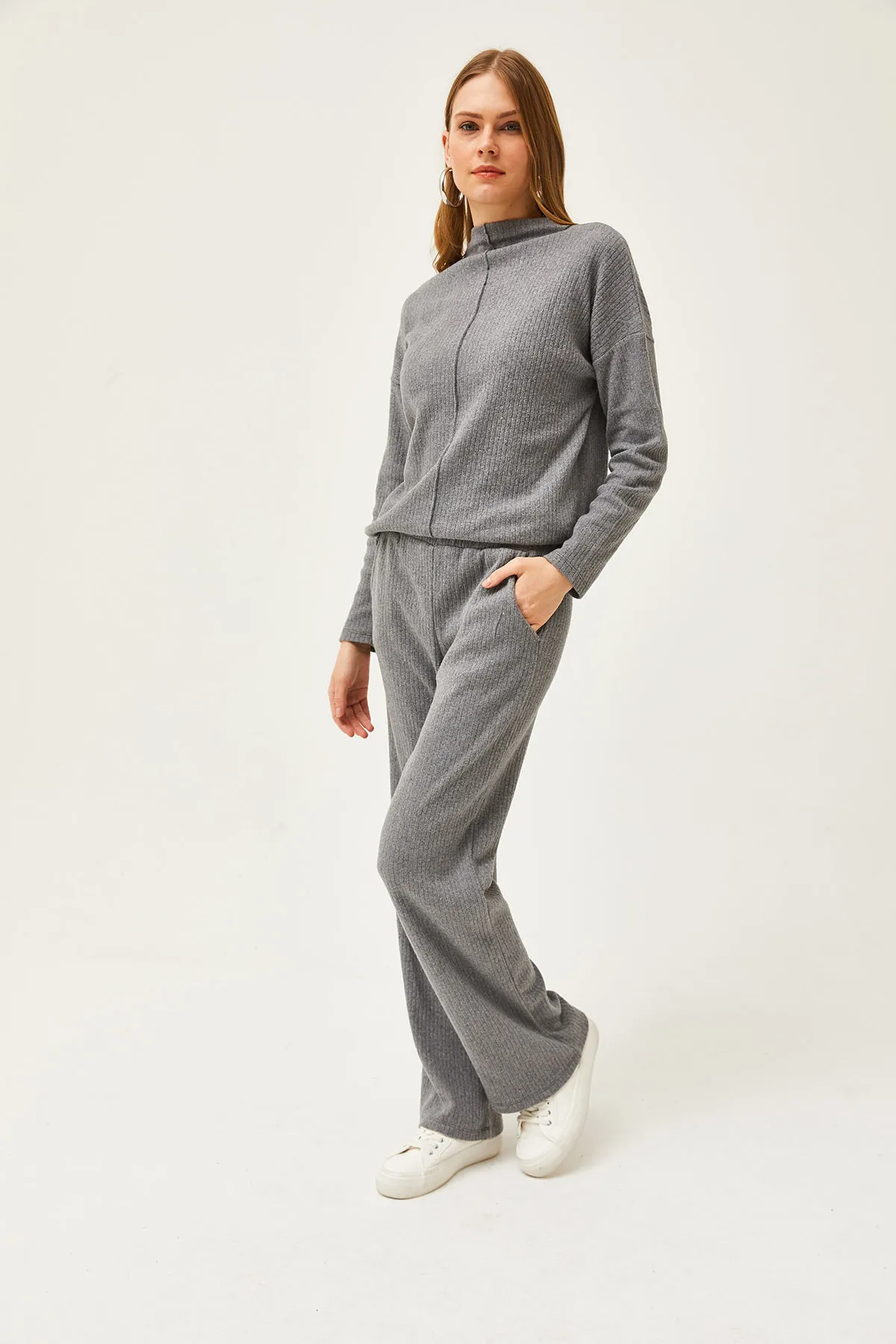 Olalook  Damen Geräucherte Hosentasche Unten Hosen Top Stehkragen Bluse Erhaben Anzug TKM-19000254