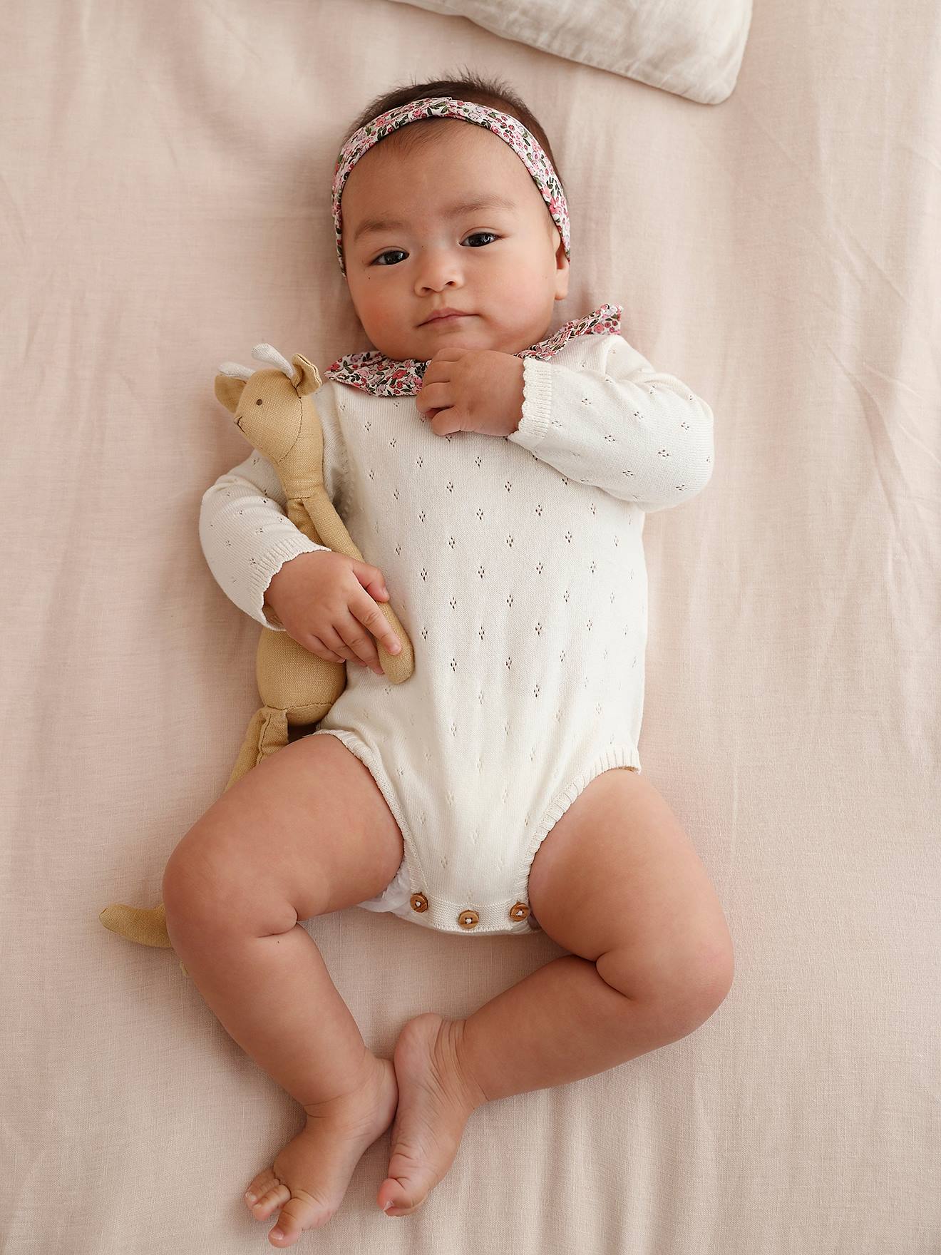 Vertbaudet Baby-Set: Kurzoverall & Haarband - wollweiß