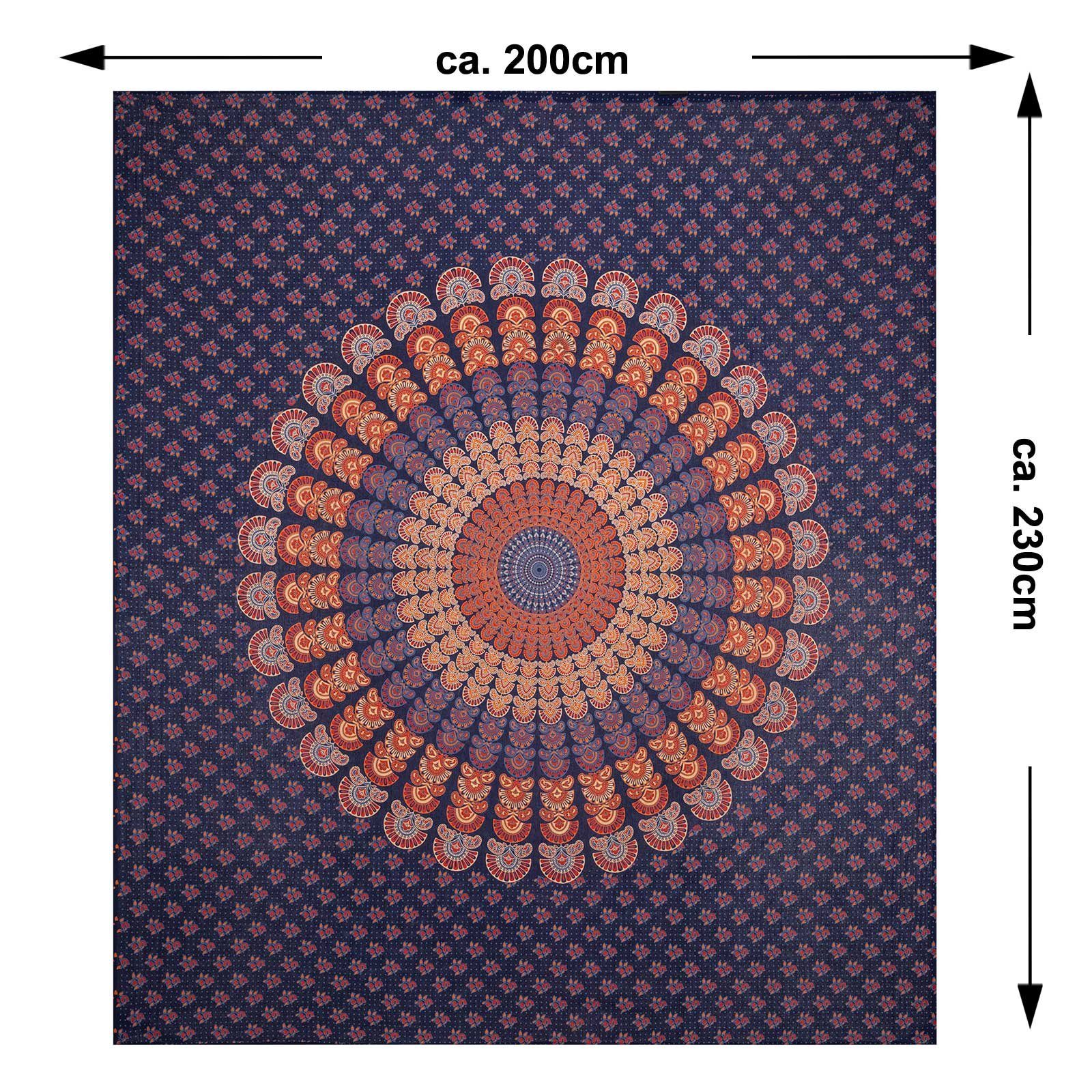 Wandteppich Tagesdecke Wandbehang Mandala Deko Tuch Peacock Pfau XL ca 200x230cm, KUNST UND MAGIE