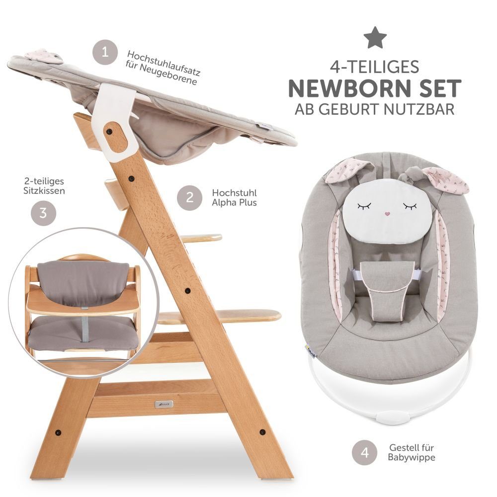 Hauck Hochstuhl Alpha Plus Natur Newborn Set Powder Bunny (Set, 4 St), Holz Babystuhl ab Geburt inkl. Aufsatz für Neugeborene & Sitzauflage