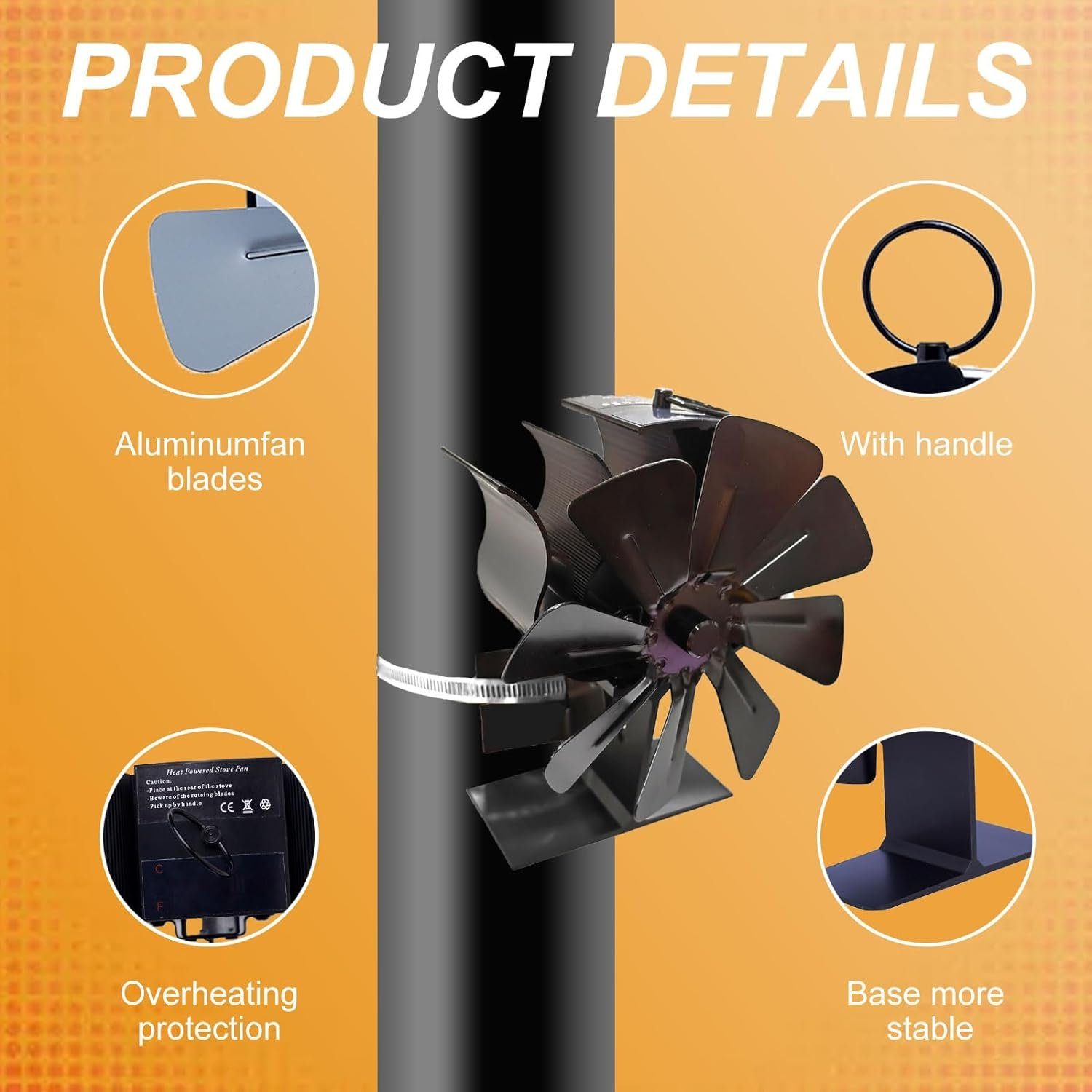 BlingBin Kaminventilator Ofenventilator Kaminlüfter, 8 Flügeln, leise Motoren, wärmebetriebener Holzofenventilator