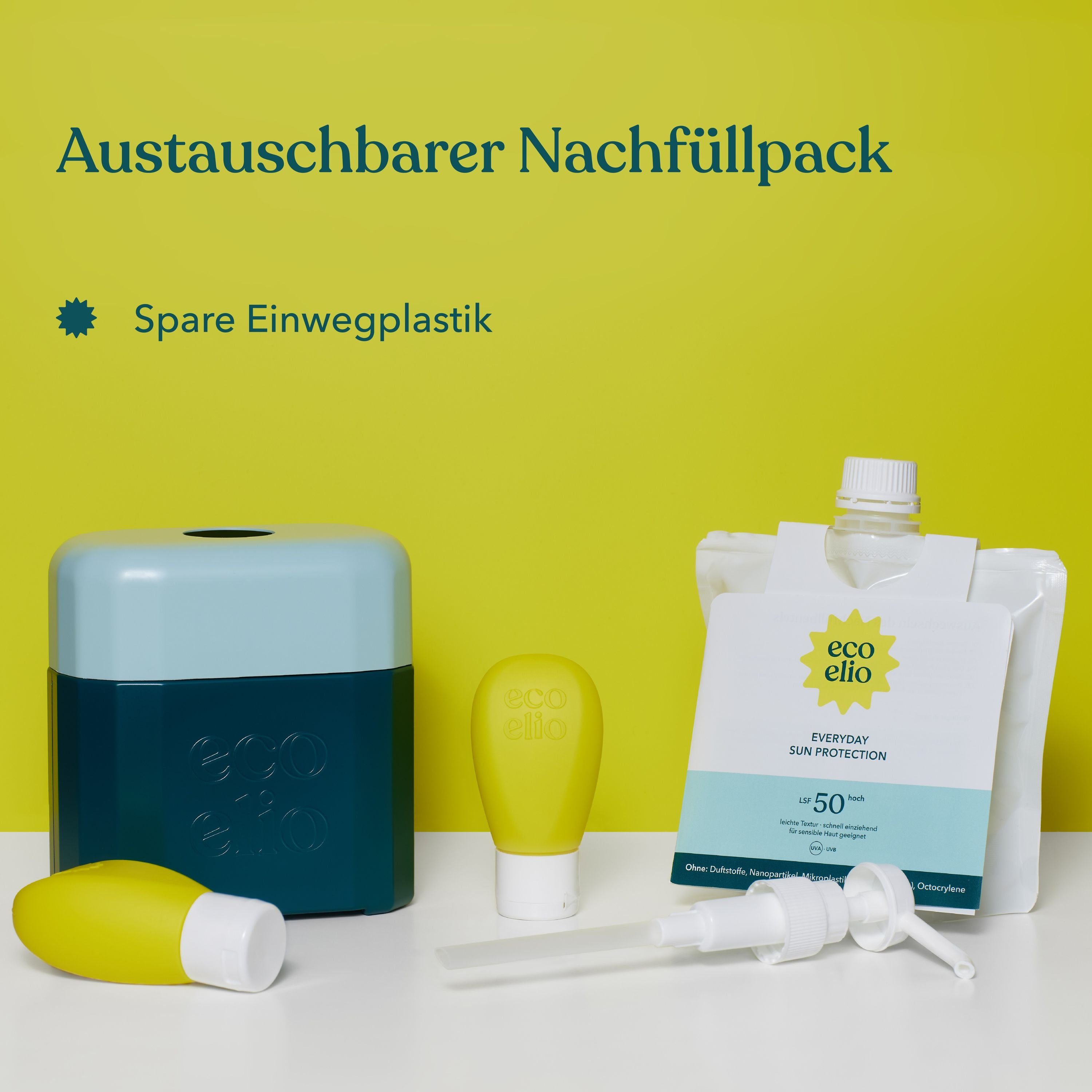 eco elio Sonnenschutzfluid LSF 50 Nachhaltig & Hautverträglich, Nachfüllpack, Refill, schnell einziehend