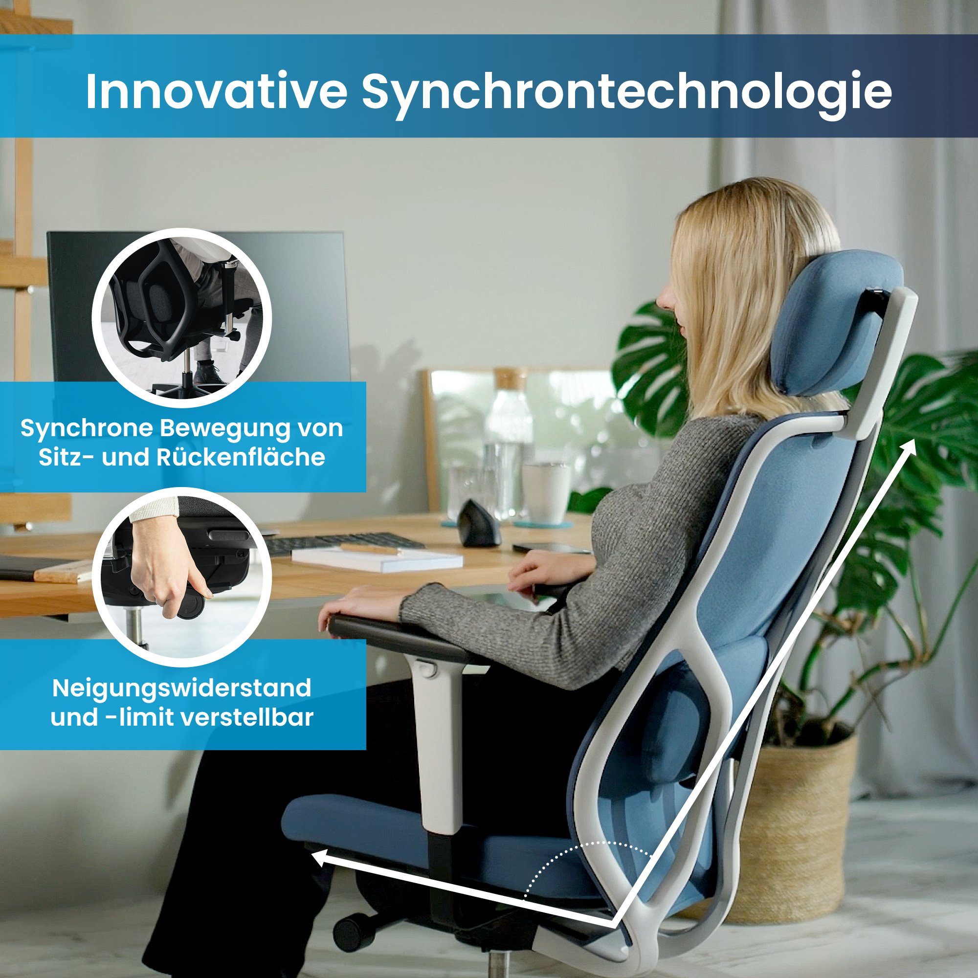 Ergotopia Bürostuhl MasterBack ergonomischer Schreibtischstuhl mit Kopfstütze (bereits montiert), 3D Neigungsmechanik, Synchronmechanik, 3D Armlehnen