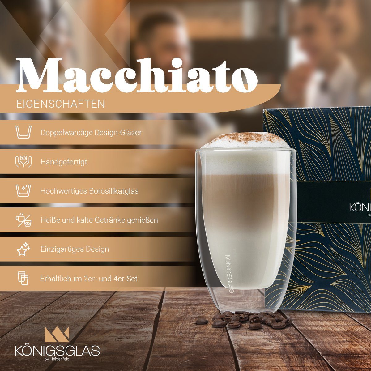 Königsglas Latte-Macchiato-Glas Latte Macchiato Glas 300 ml Cappuccino Gläser-Set doppelwandig, Kaffeetasse, 2/4er Glas Set Trinkglas Thermoglas Kaffee Teeglas Kaffeegläser Tasse