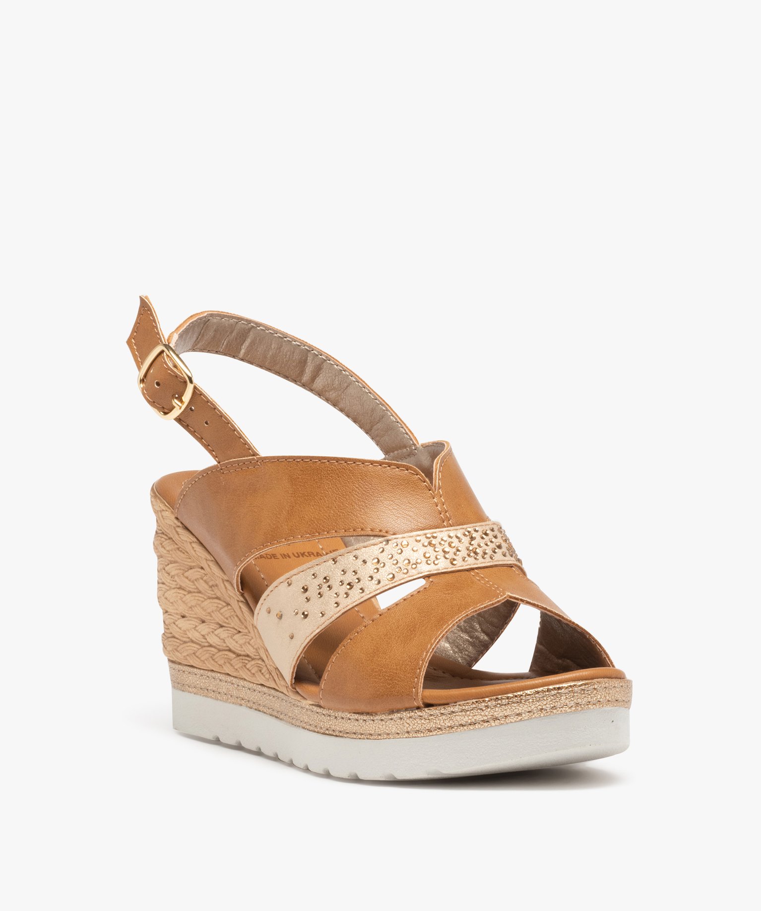 Sandales femme compensées bride métallisée à strass camel | GEMO