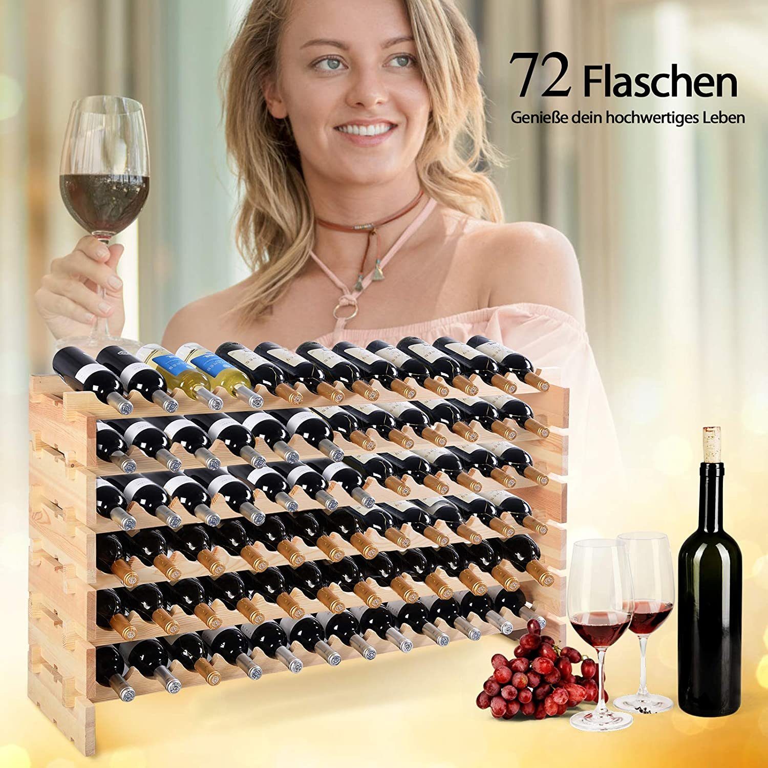 COSTWAY Weinregal 6 Ebenen, aus Holz, für 72 Flaschen, 119 x 29 x 72cm
