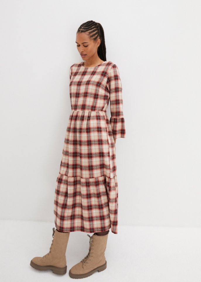 Ausgestelltes Midi-Kleid aus Flanell mit Volants