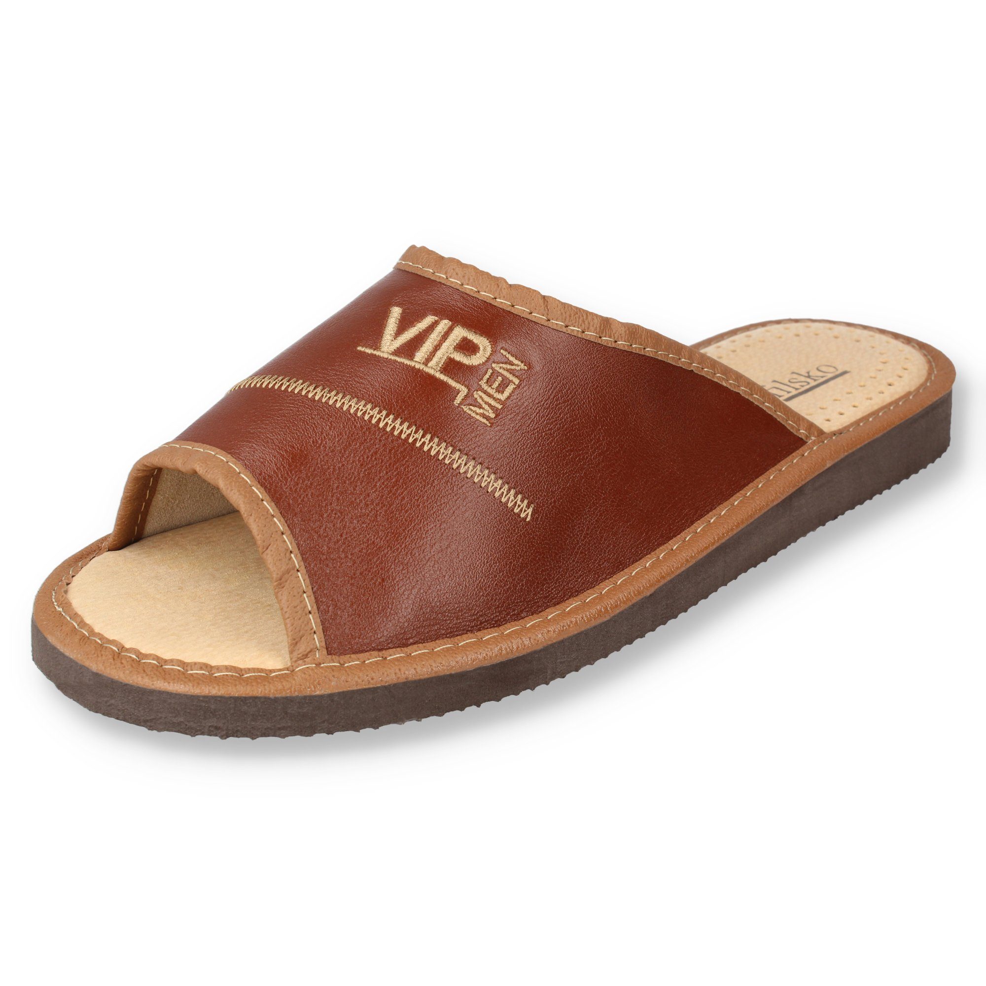 filsko Hausschuhe Herren VIP MEN Schwarz, Braun Größe 40-50 Hausschuh Obermaterial aus Leder, VIP MEN Stickerei, In zwei verschiedenen Farben erhältlich, Offen, Leicht profilierte Laufsohle, EVA Laufsohle