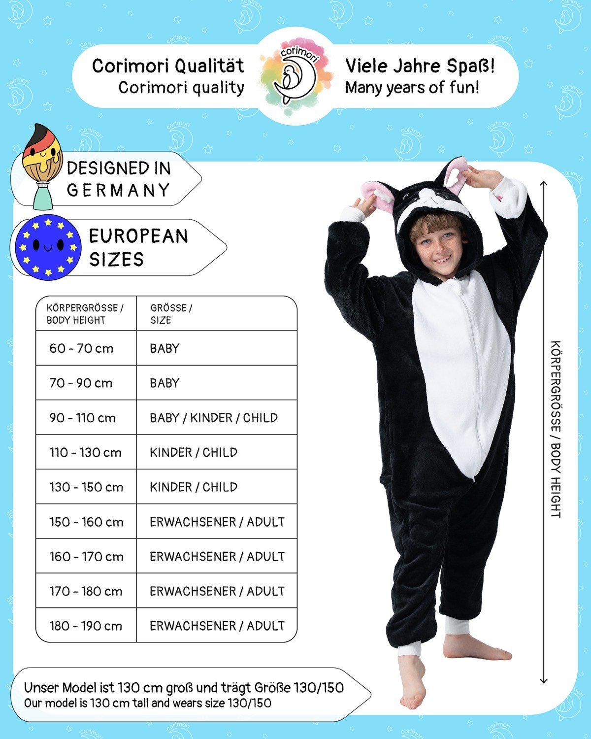 Corimori Jumpsuit Flauschiges Katzen-Kostüm für Kinder (2-tlg) mit Haarreif, Jungen, Mädchen, Verkleidung, schwarz-weiß, Fasching