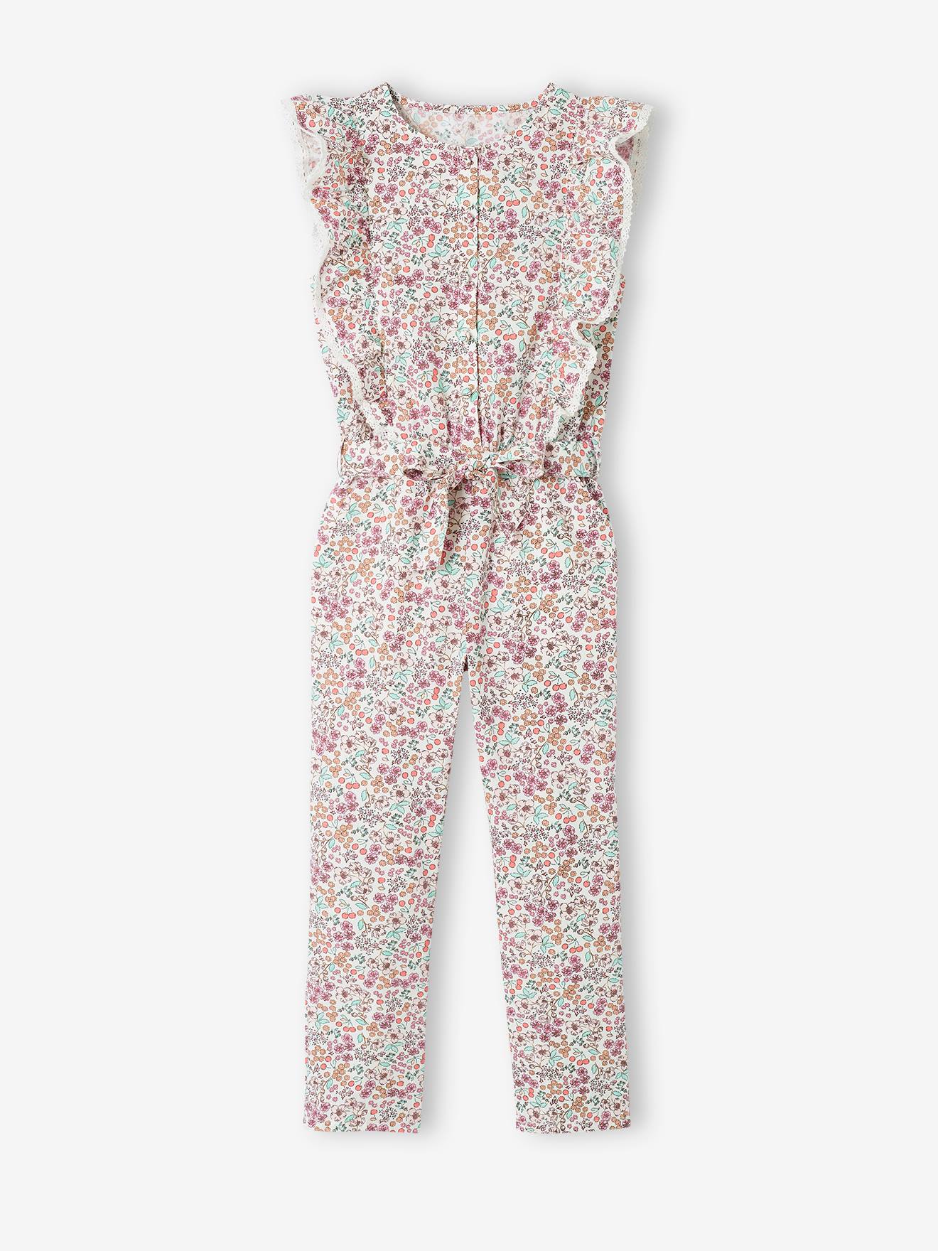 Combinaison volantée à fleurs fille écru