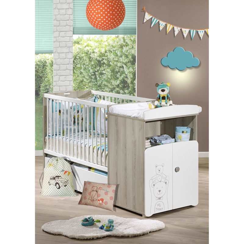 Lit bébé combiné évolutif 120x60 en 90x190 sérigraphié taupe Teddy