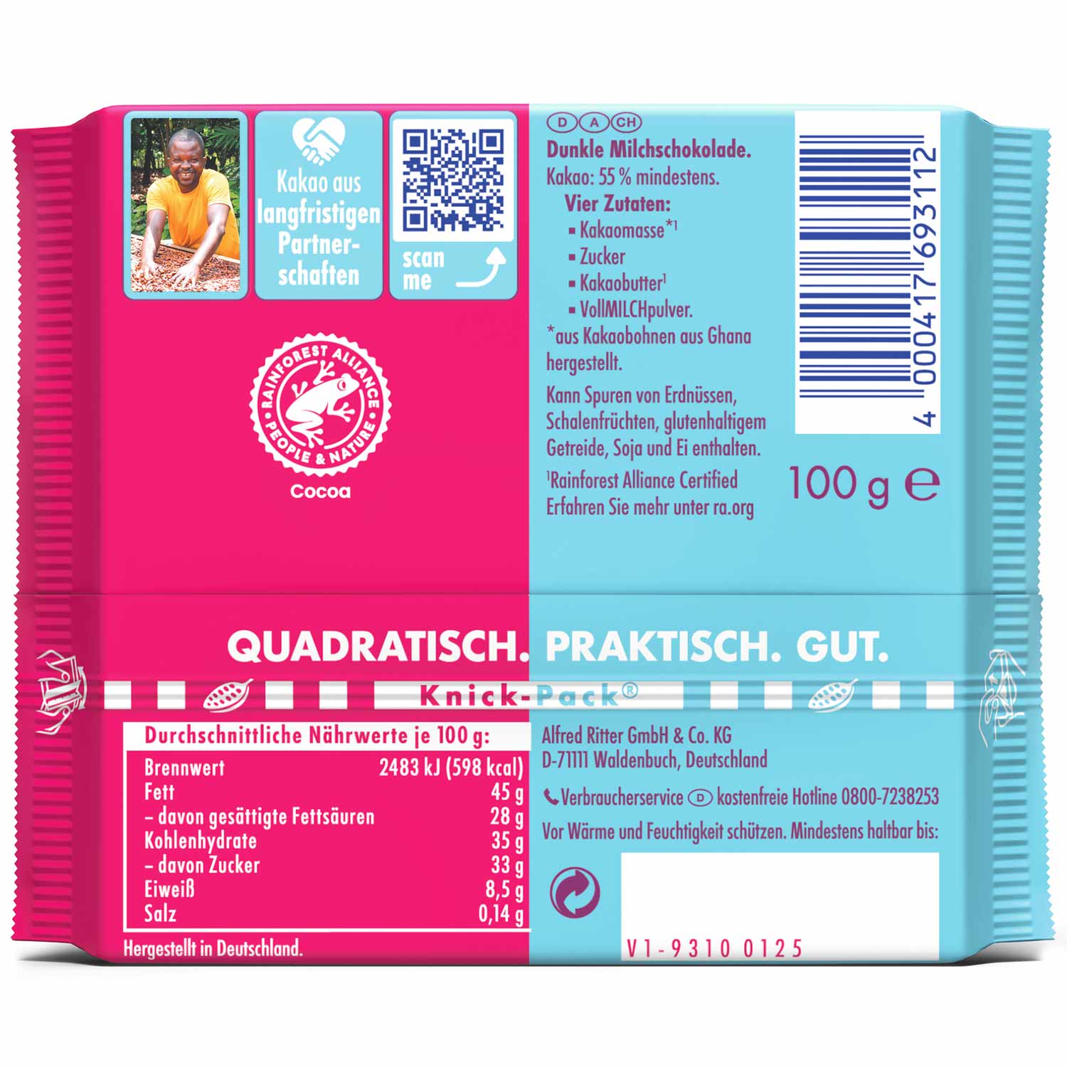 Ritter Sport Kakao-Klasse 55% Die Milde aus Ghana 100g