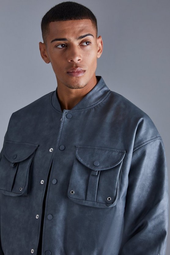 Kastige PU-Bomberjacke mit Cargo-Taschen