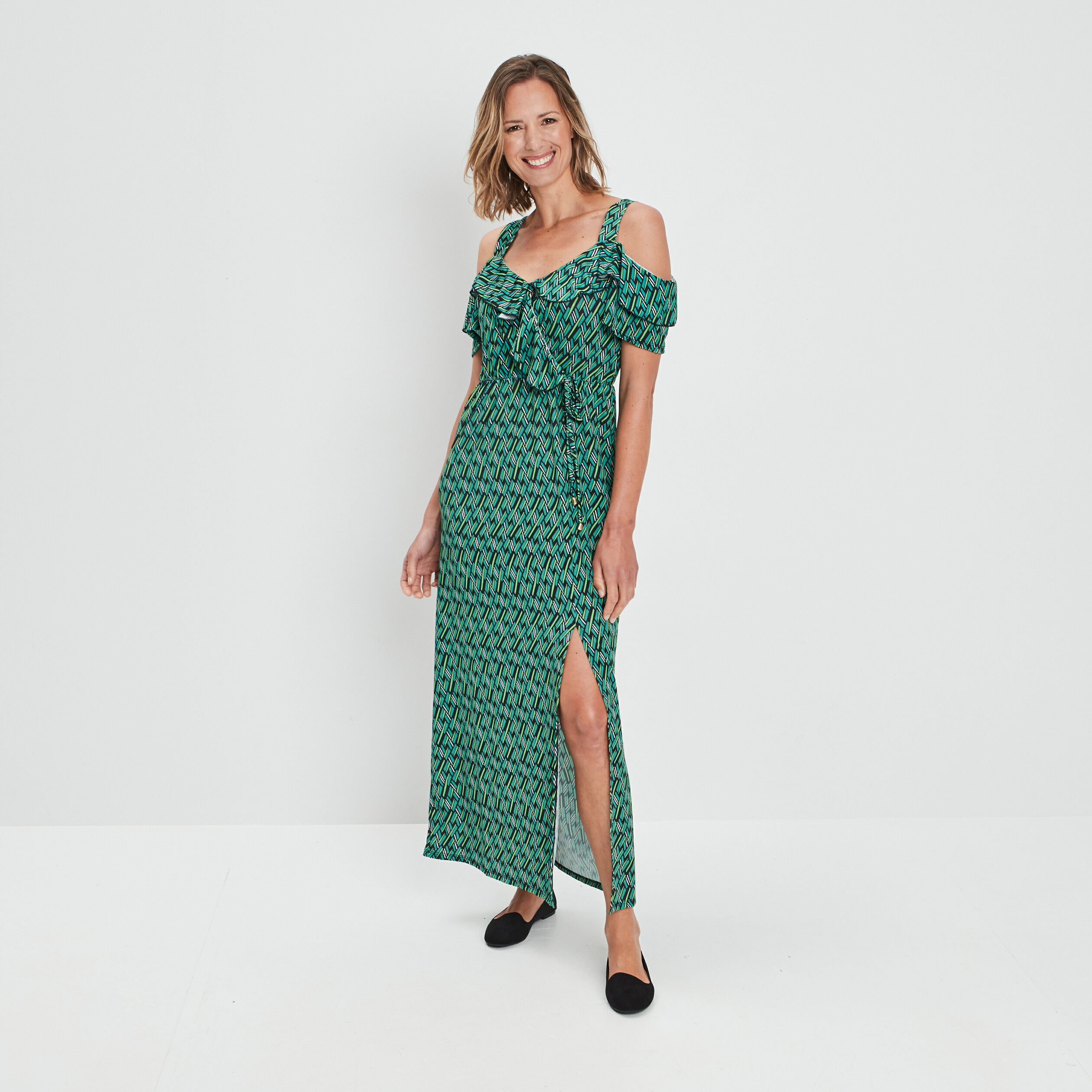 Robe longue droite à volants vert femme | La Halle
