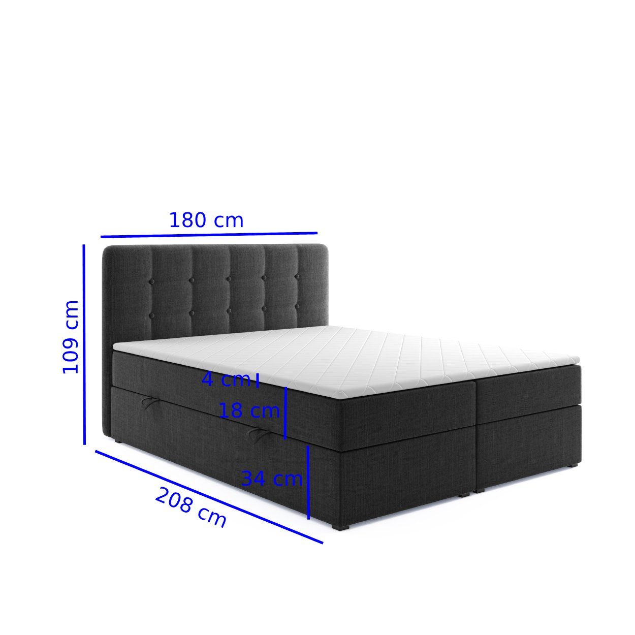 Möbel Punkt Boxspringbett Prag Grau Schwarz mit VISCO TOPPER (180 x 200 cm), mit Bettkasten, Chesterfield - Optik, inkl. Topper