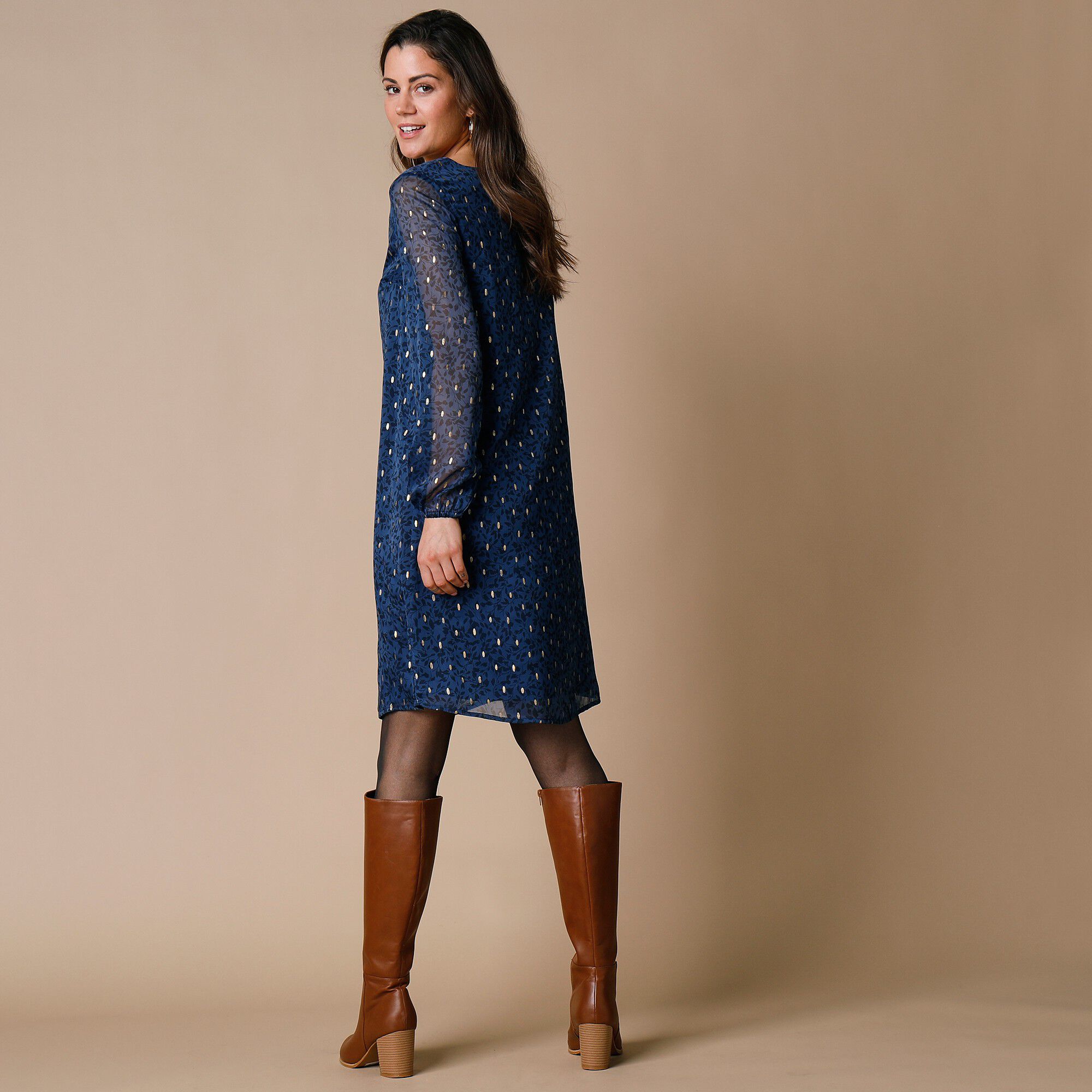 Robe évasée voile imprimé doré