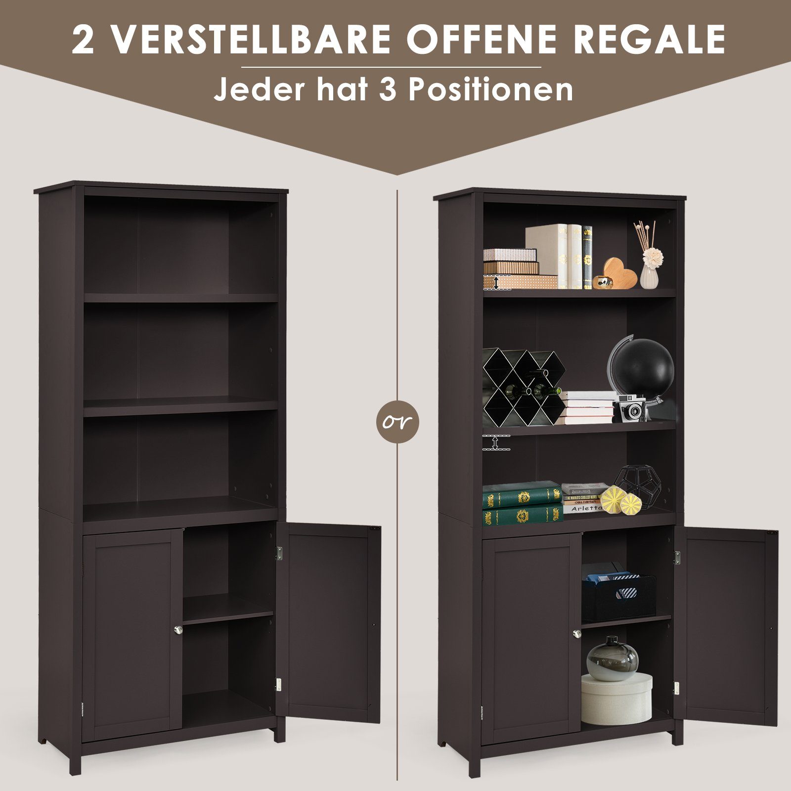 COSTWAY Bücherregal, mit Türen & Schrank, 3 offene Regale, 74,5x35,5x181,5 cm