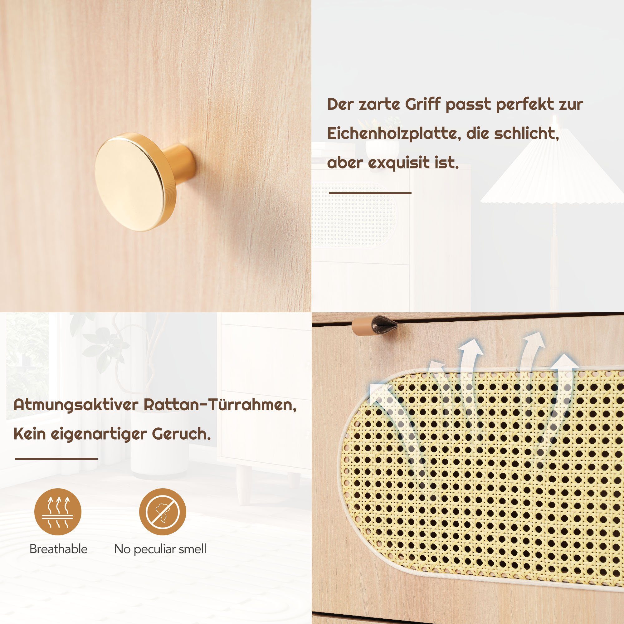 Merax Highboard, mit Rattantür und 3 Schubladen, Sideboard, Kommode, 120cm Hoch