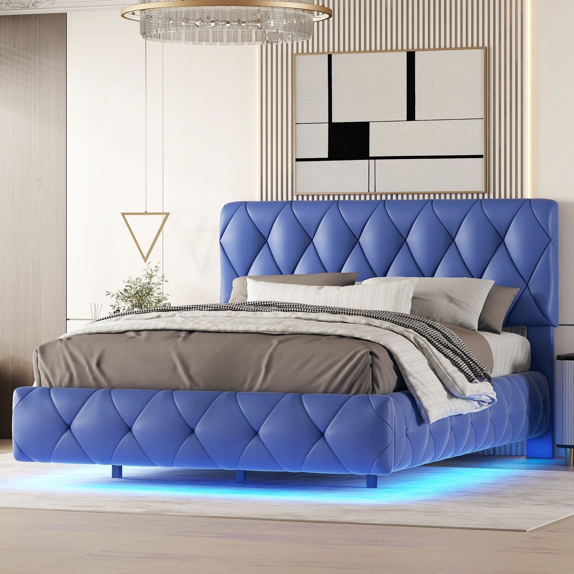 Merax Polsterbett Kunstleder mit Lattenrost, Doppelbett 140x200cm gepolstert mit LED, Bettgestell