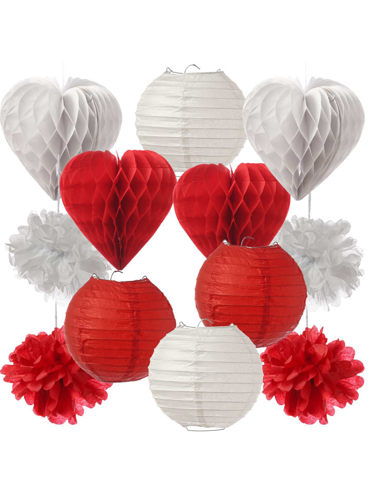 MARELIDA 12-teiliges Papierdekoration Partyset (Lampions, Herzen, Pompoms) in rot, weiß günstig kaufen onesize