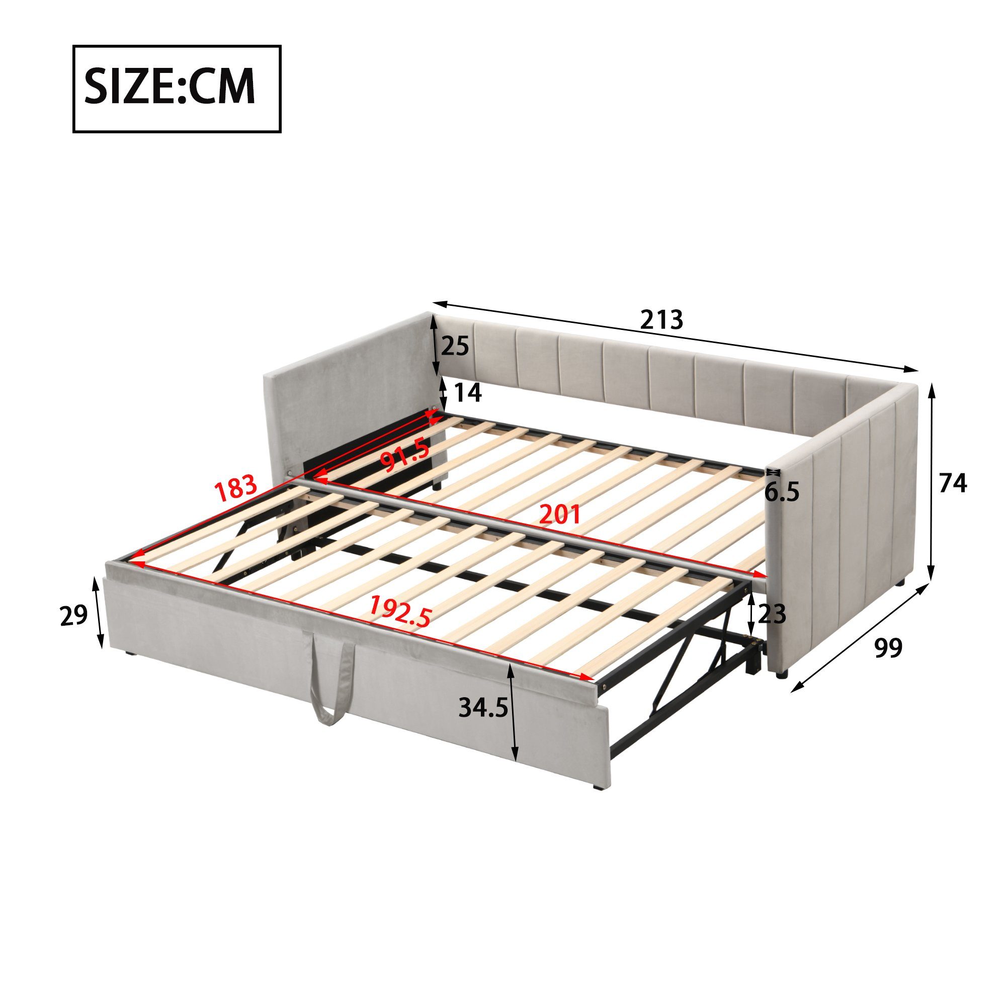 HAUSS SPLOE Schlafsofa Tagesbett Polsterbett Kinderbett Ausziehbares Schlafsofa, mit Lattenrosten Schlafsofa aus Samtstoff, Ohne Matratze, 90/180*200cm, Hellgrau
