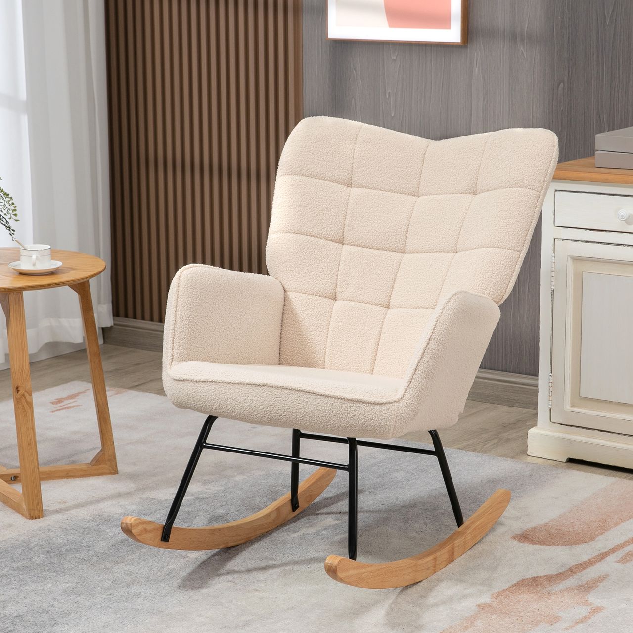 HOMCOM Schaukelstuhl Schwingsessel Akzentstuhl bis 120 kg, Polyester, Beige