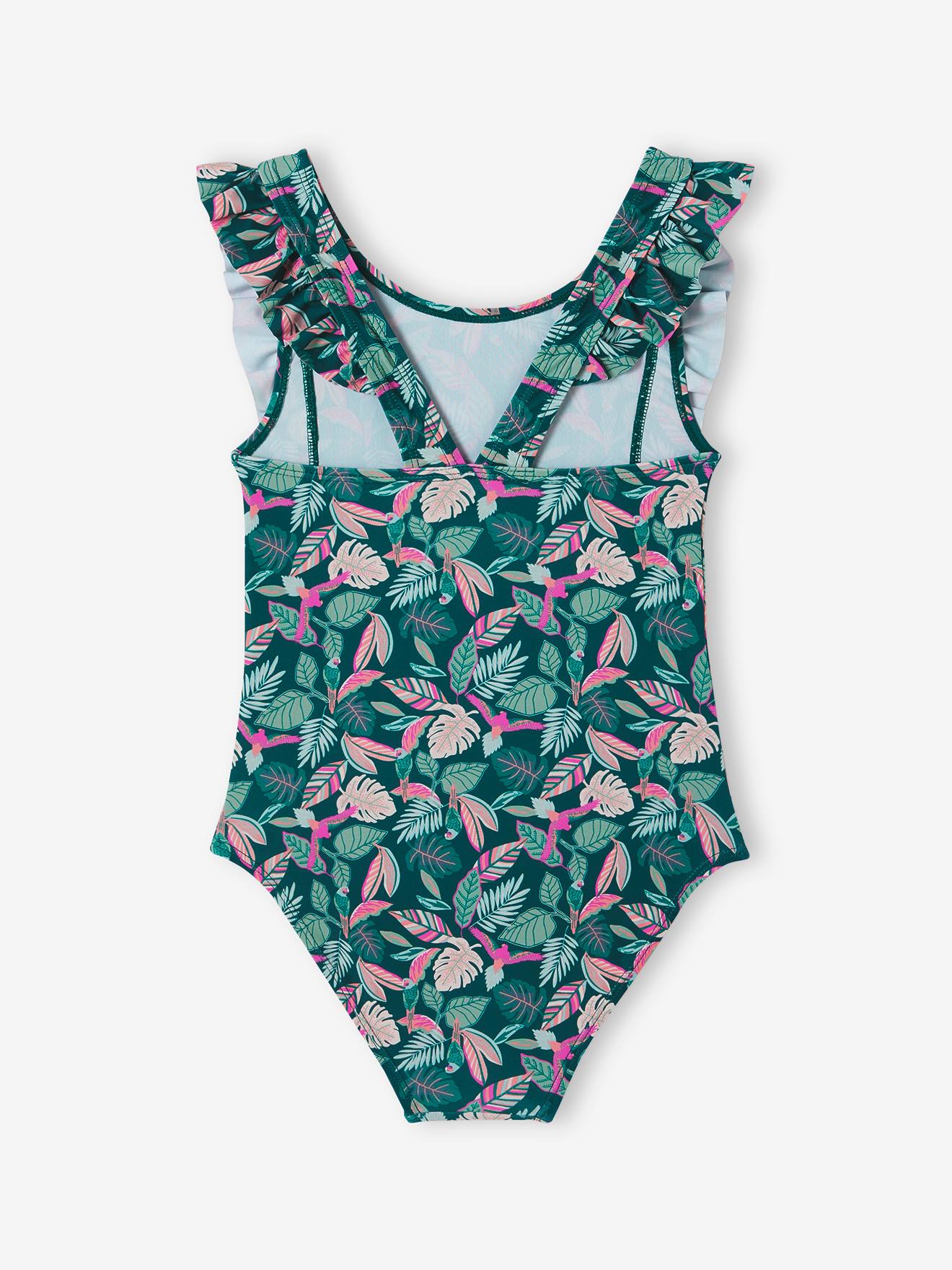 Vertbaudet Mädchen Badeanzug mit Tropenprint Oeko-Tex - tannengrün