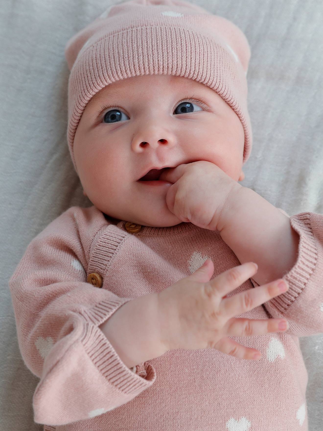 Ensemble 4 pièces bébé : pull + pantalon + bonnet + moufles gris clair chiné