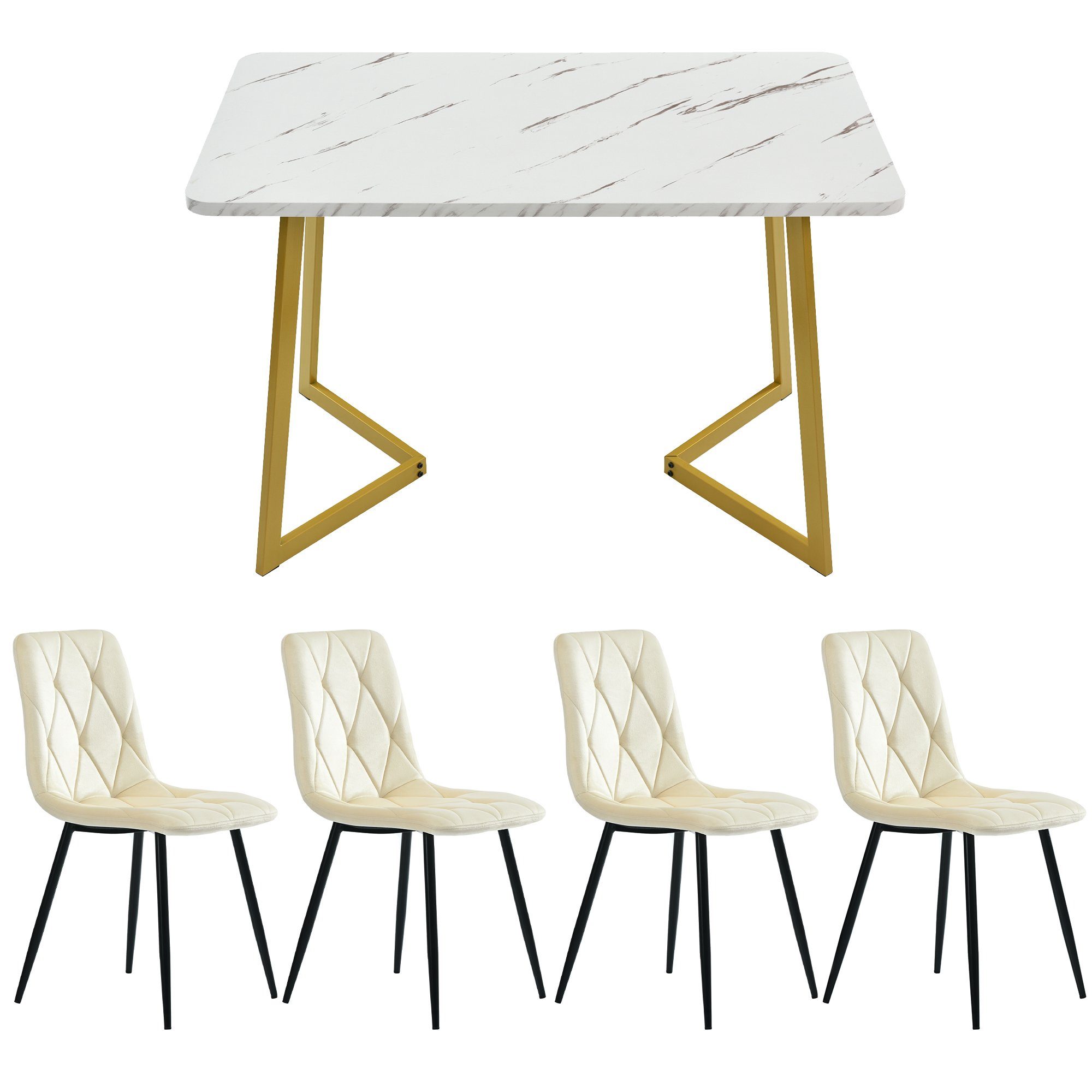 Ulife Essgruppe 117×68cm Esstisch mit 4 Stühlen, (Set, 5-tlg), weißer MDF-Tischplatte mit Marmoroptik