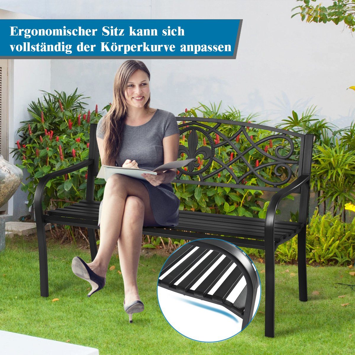 COSTWAY Gartenbank, mit Rückenlehne & Armlehne, Metall, 2-3 Personen, 128cm