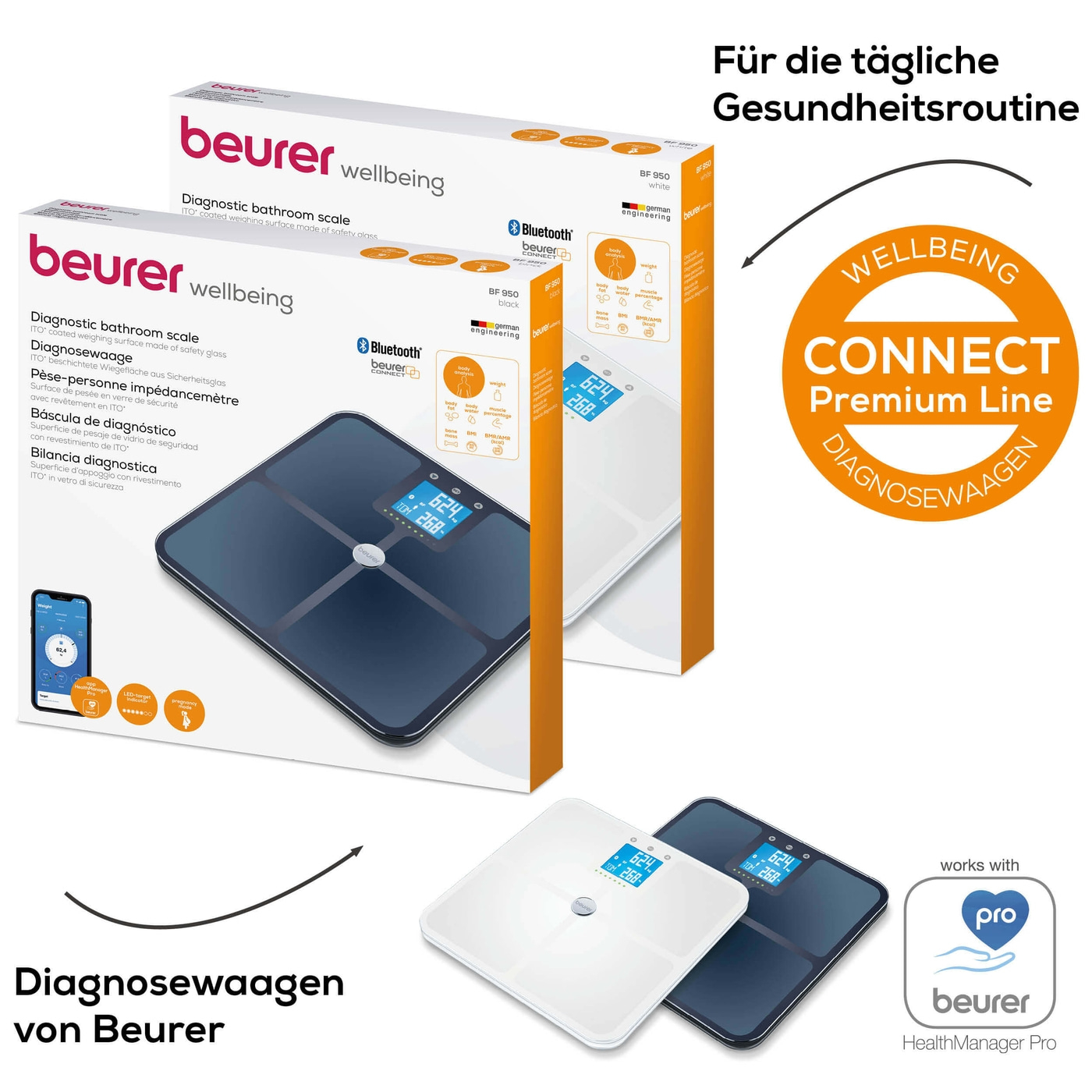Beurer Diagnosewaage BF 950 Black-Körperanalysewaage mit Schwangerschaftsmodus & App-Anbindung - bis 180 kg