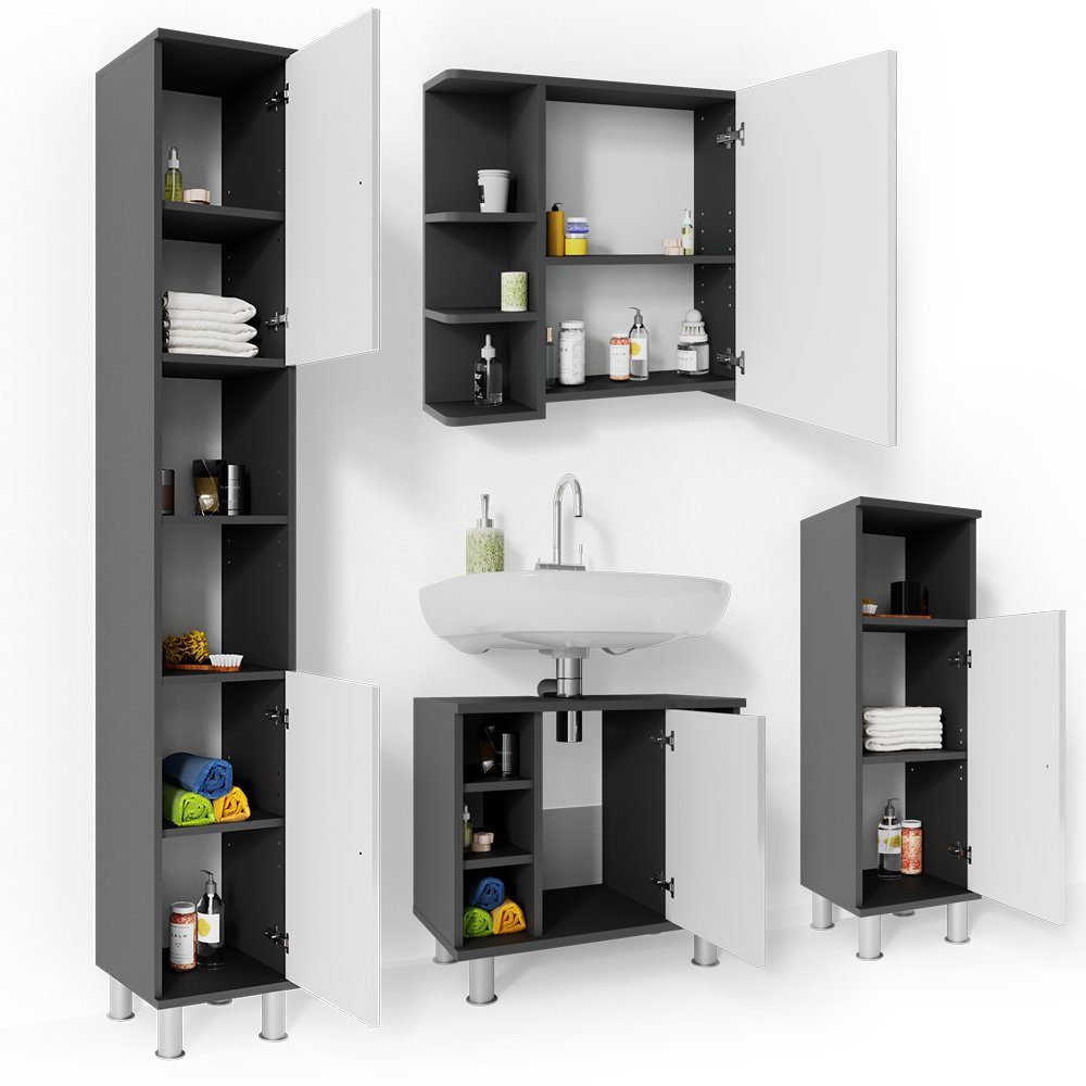 Vicco Badmöbel-Set Badezimmerset FYNN Anthrazit Weiß Set 4, (4-er Set, 4-St., 4-er Set)