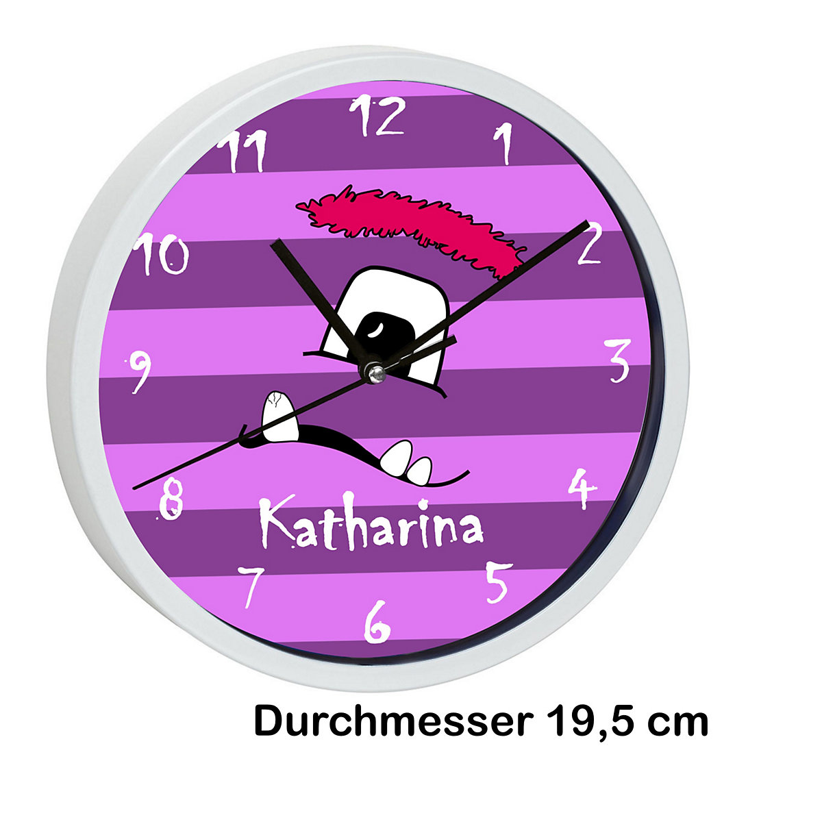 Kinder Wanduhr laufruhig personalisiert mit Name Monster Streifen lila