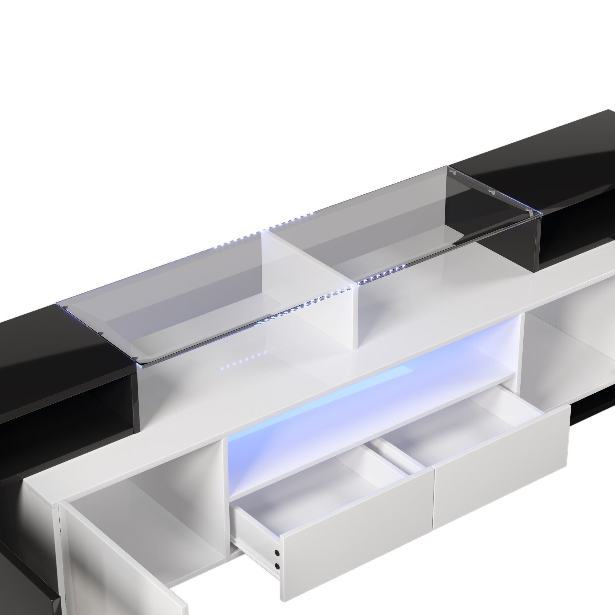 REDOM TV-Schrank Lowboard (1-St., Schwarz+Weiß, 200 cm) Elegante Glasoberfläche., LED-Beleuchtung