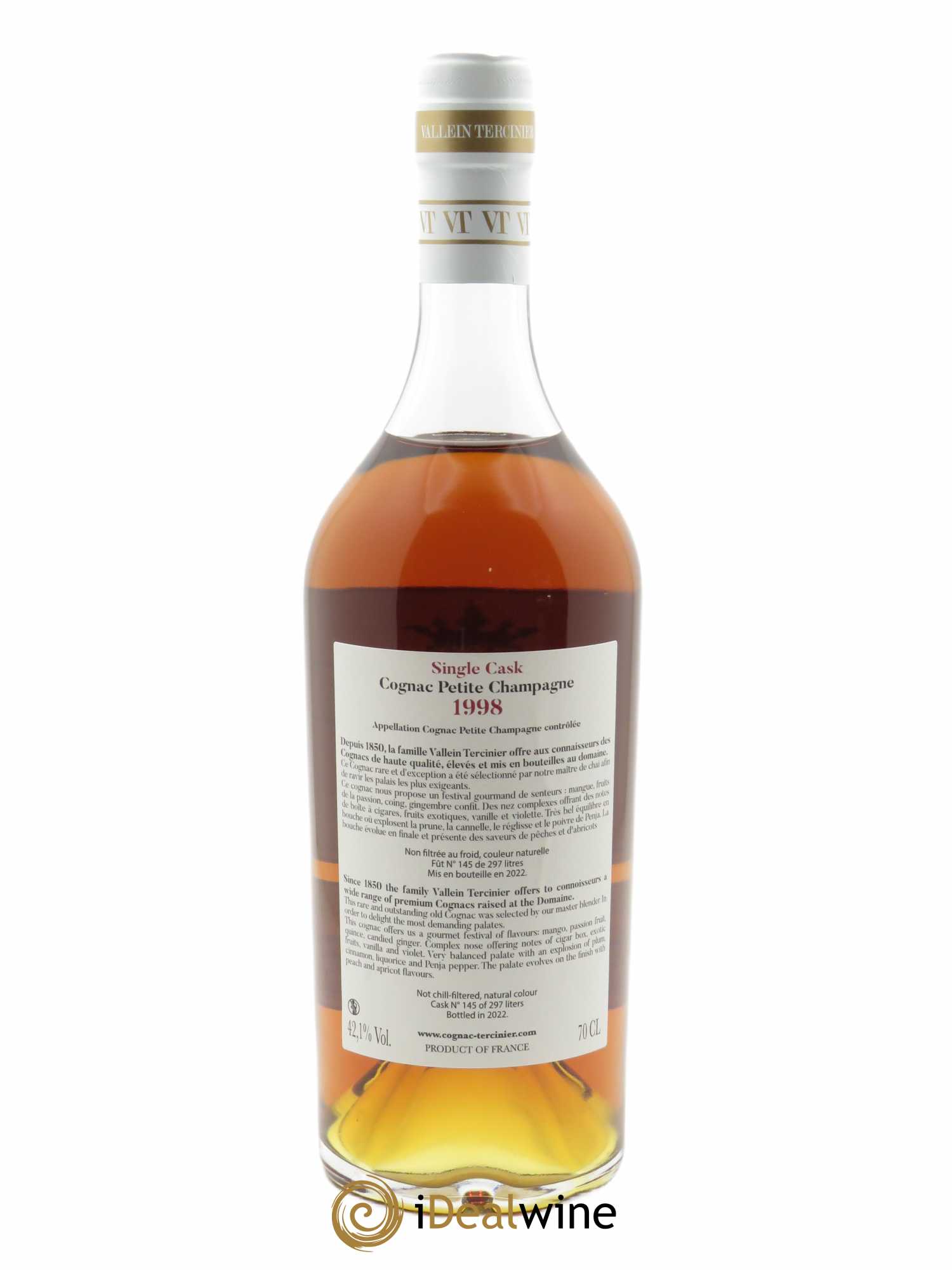 Cognac Vallein Tercinier Petite Champagne (70cl) 1998 - Lot de 1 Bouteille