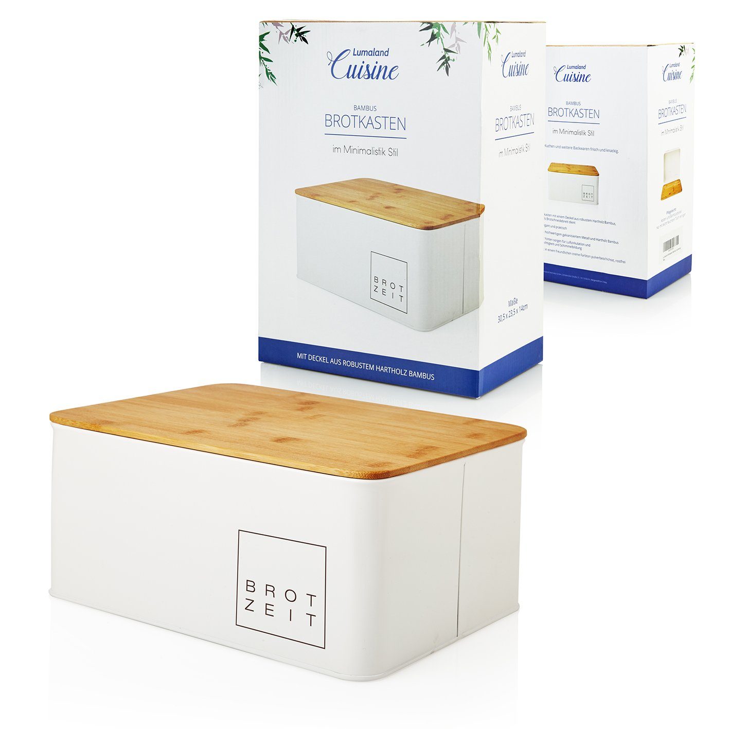 Lumaland Brotkasten Cuisine, Edelstahl, (1-tlg), Brotbox Metall Bambus Deckel rechteckig 30x23x14cm