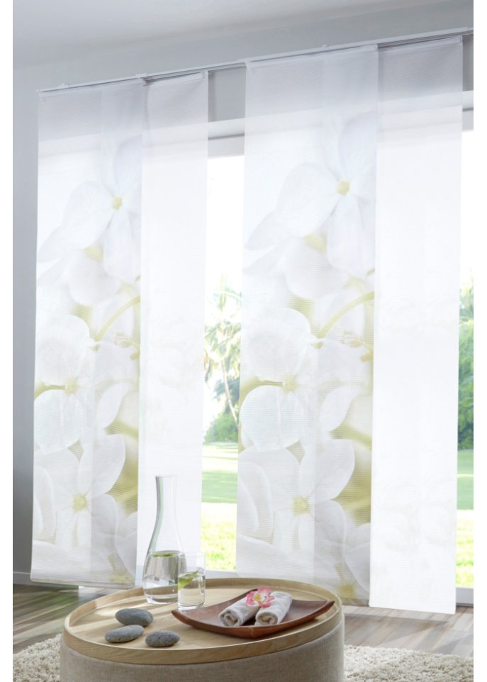 Schiebegardinen-Set mit Orchideenblüte und einfarbig (2-tlg.)