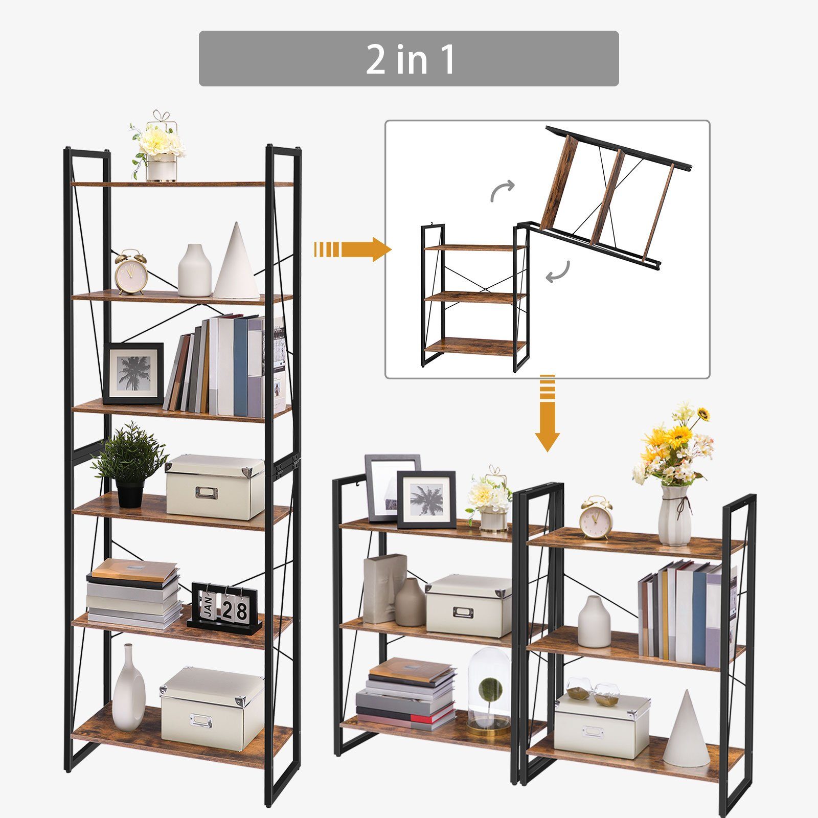 BERLINLODGE® Bücherregal Manhattan 6 Ebenen, Leiterregal Standregal vintage-braun industry-style, für Wohnzimmer, Büro, Schlafzimmer, Küche