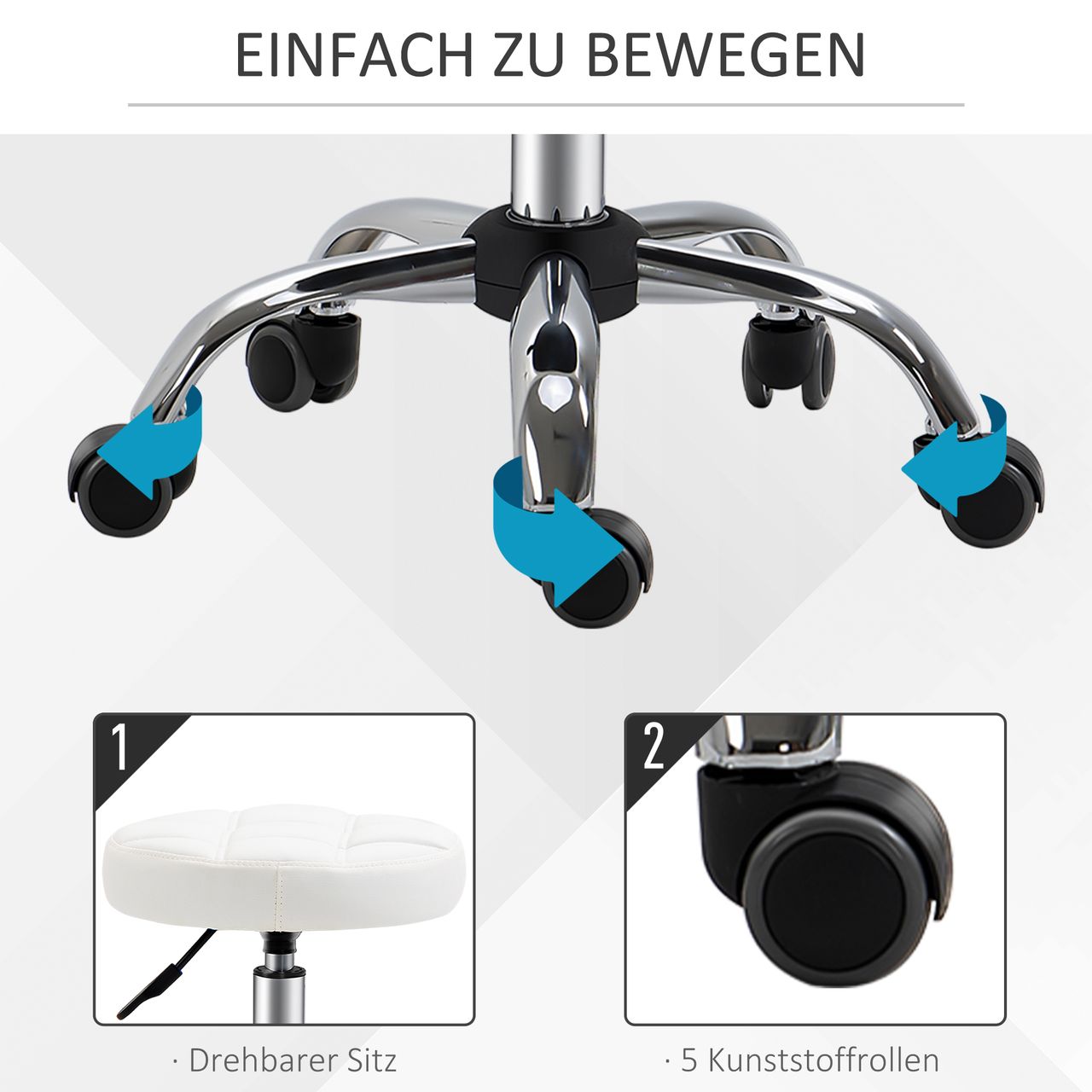 HOMCOM 2er-Set Rollhocker Drehhocker mit Rädern Arbeitshocker höhenverstellbar drehbar Salon Hocker Salonstühle Kunstleder Weiß Ø35,5 x 48-63H cm
