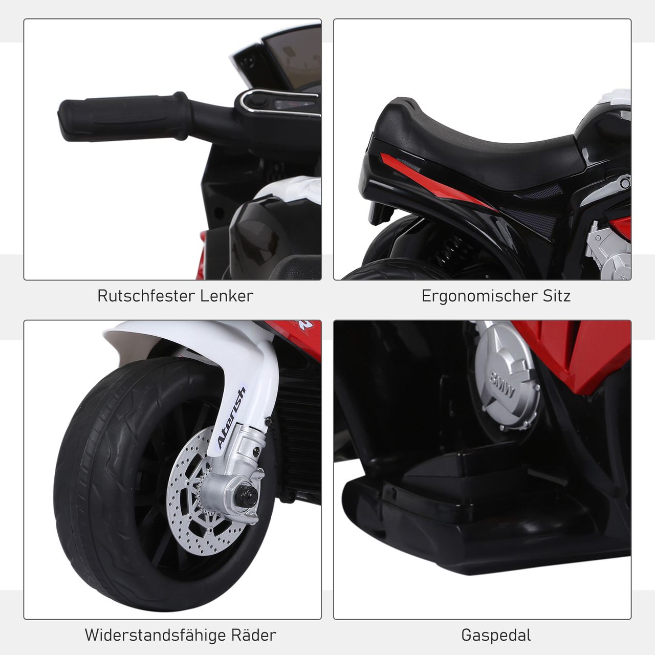 HOMCOM Elektro Kindermotorrad Kinderfahrzeug Lizensiert von BMW S1000RR Elektro-Dreirad mit Akku Stahl Rot 66 x 37 x 44 cm