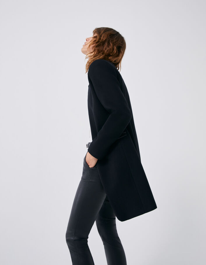 Manteau mi-long noir double col enduit femme