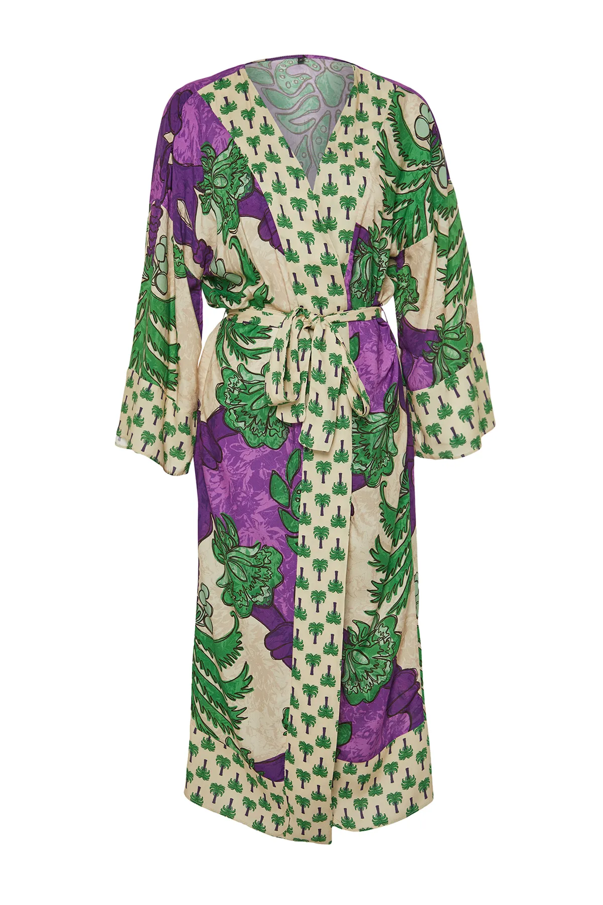 Trendyol Collection  Tropisch gemusterter, gewebter Midi-Kimono und Kaftan mit Gürtel TBESS21KM0171