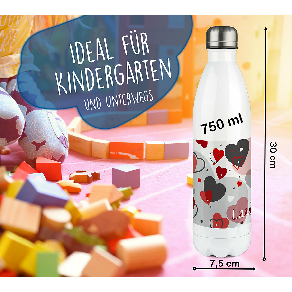 Edelstahl Kinder Thermoflasche / Trinkflasche bunt Herz Farbe rot grau Spülmaschinenfest, Auslaufsicher, Bruchfest, Doppelwandig, Für Heißgetränke geeignet, Mit Deckel, Isoliert