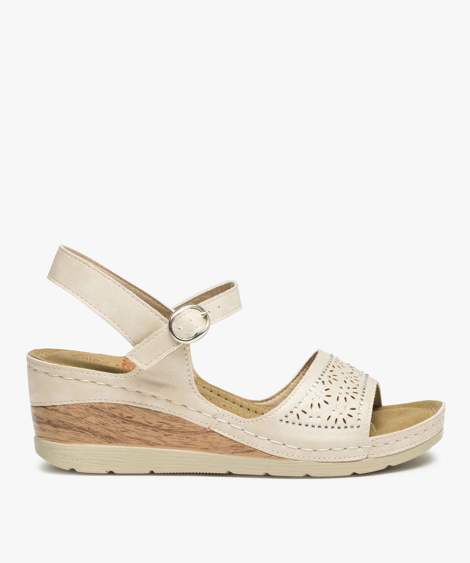 Sandales femme confort à talon dessus ajouré et strass beige | GEMO