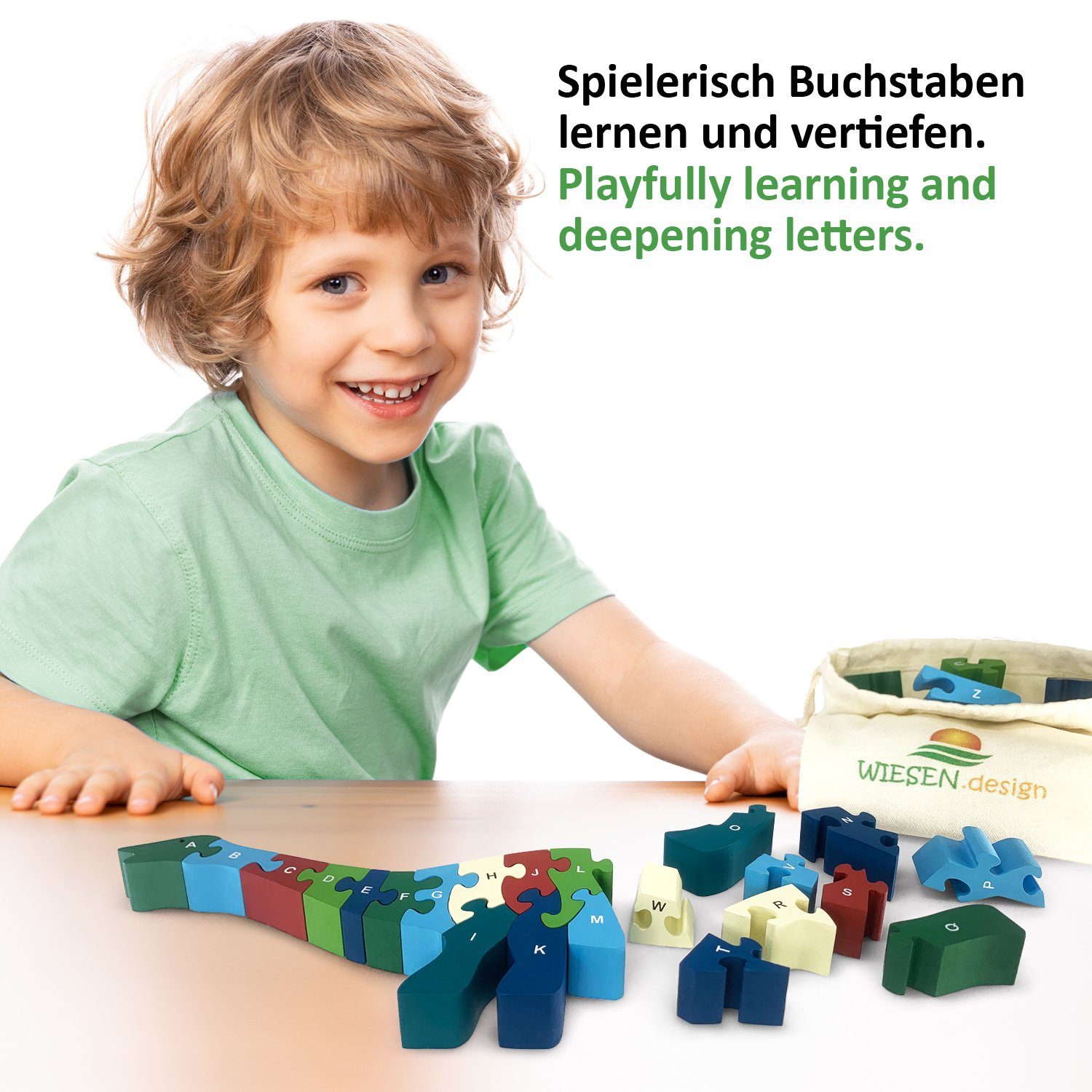 WIESEN.design Lernspielzeug Buchstabenpuzzle Dino, Montessori Spielzeug ab 3 Jahre, Holzpuzzle, DIN EN71 geprüft, Speichel- und schweißfest, gratis Versand