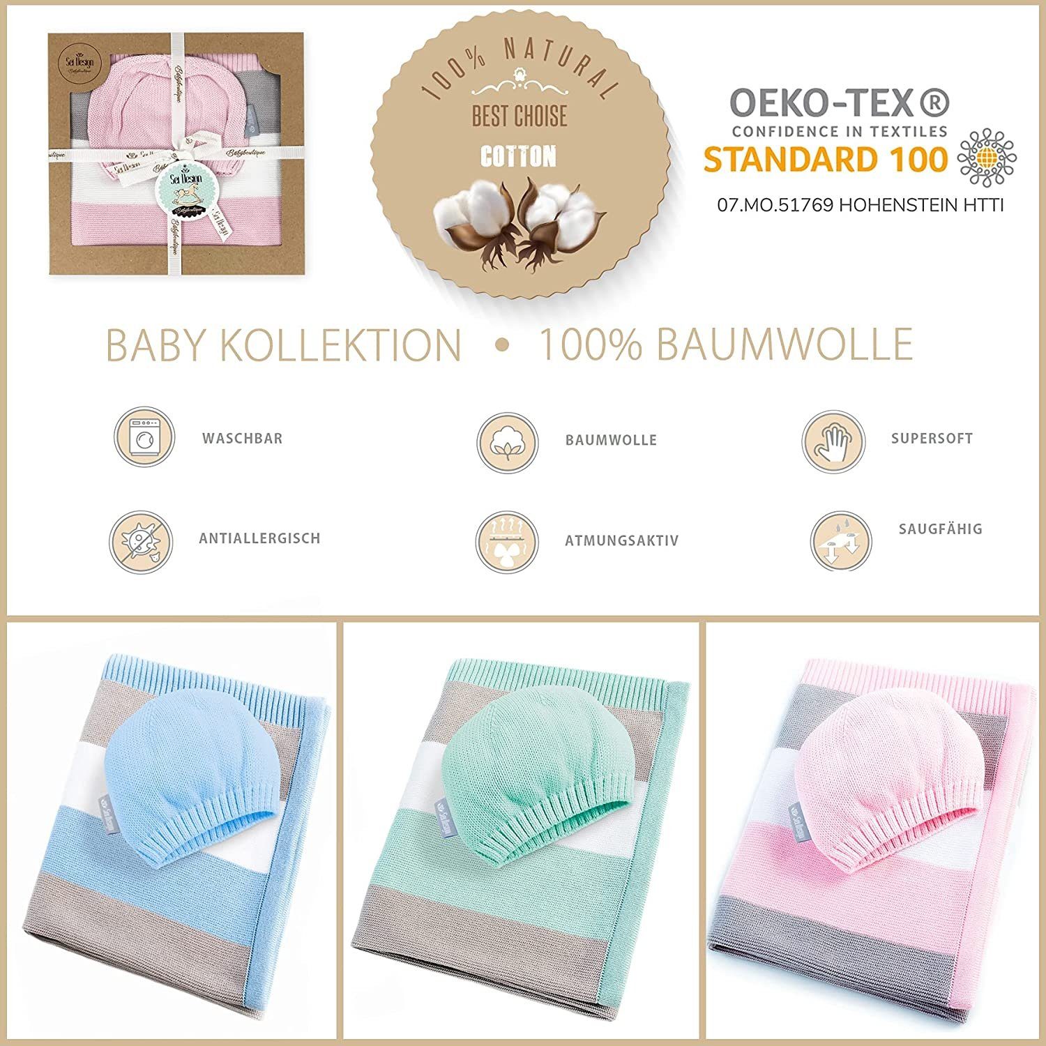 Babydecke Kuscheldecke 90x70 cm aus 100% BIO Baumwolle, SEI Design, inkl. Mütze + Geschenkverpackung